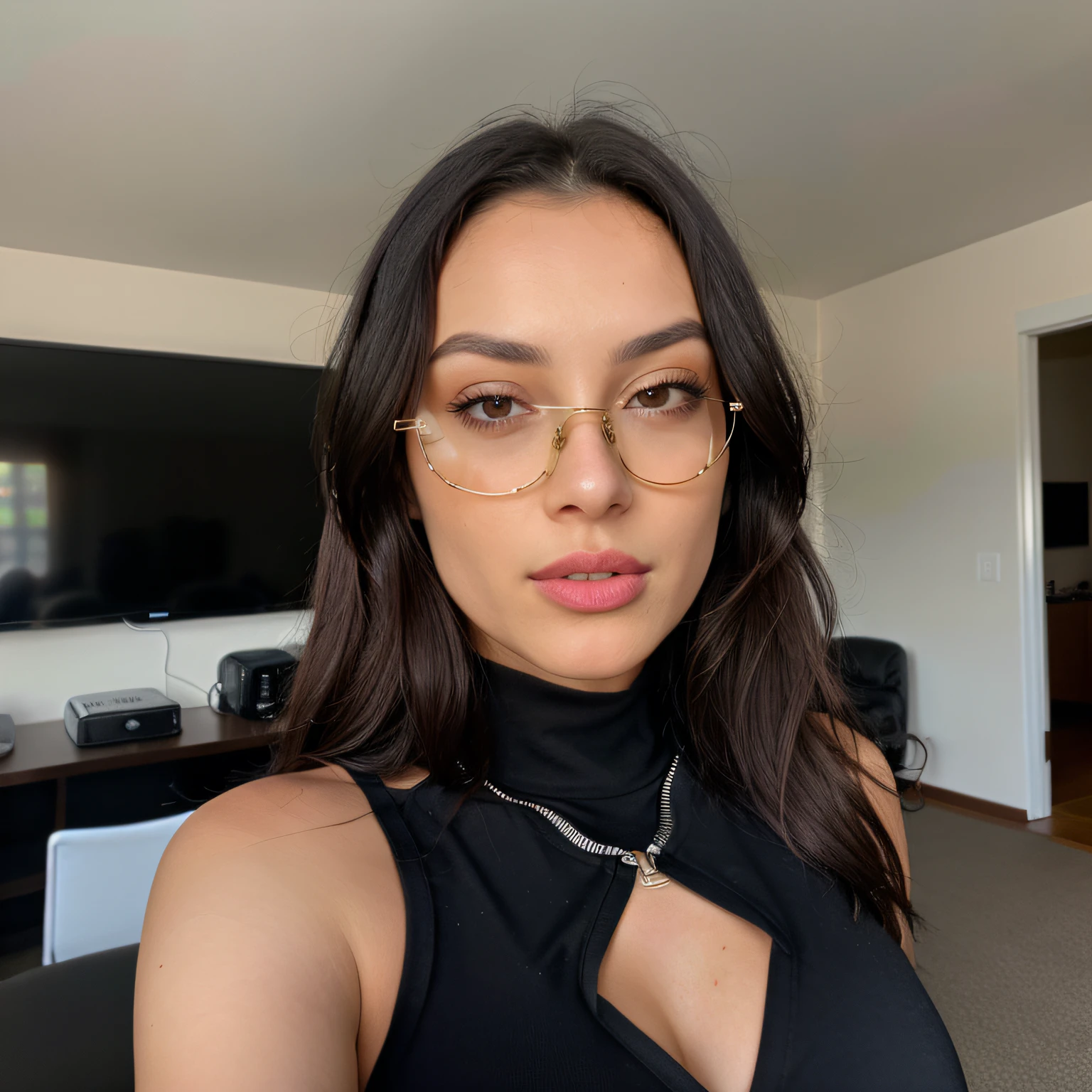 selfie of a arafed greek woman with a black zipped top, 🔥 😎 🕹️ 👀 :2, covered huge breasts, young greek woman with long dark hair, stoya, 3 2 - - old,itch streamer, profile picture, iphone picture, army, black bodysuit, sachucci 9 5, ready for a meeting, dark. no text, closeup headshot and her big ass, she is sticking her tongue out, wearing sunglasses Translucent lens
