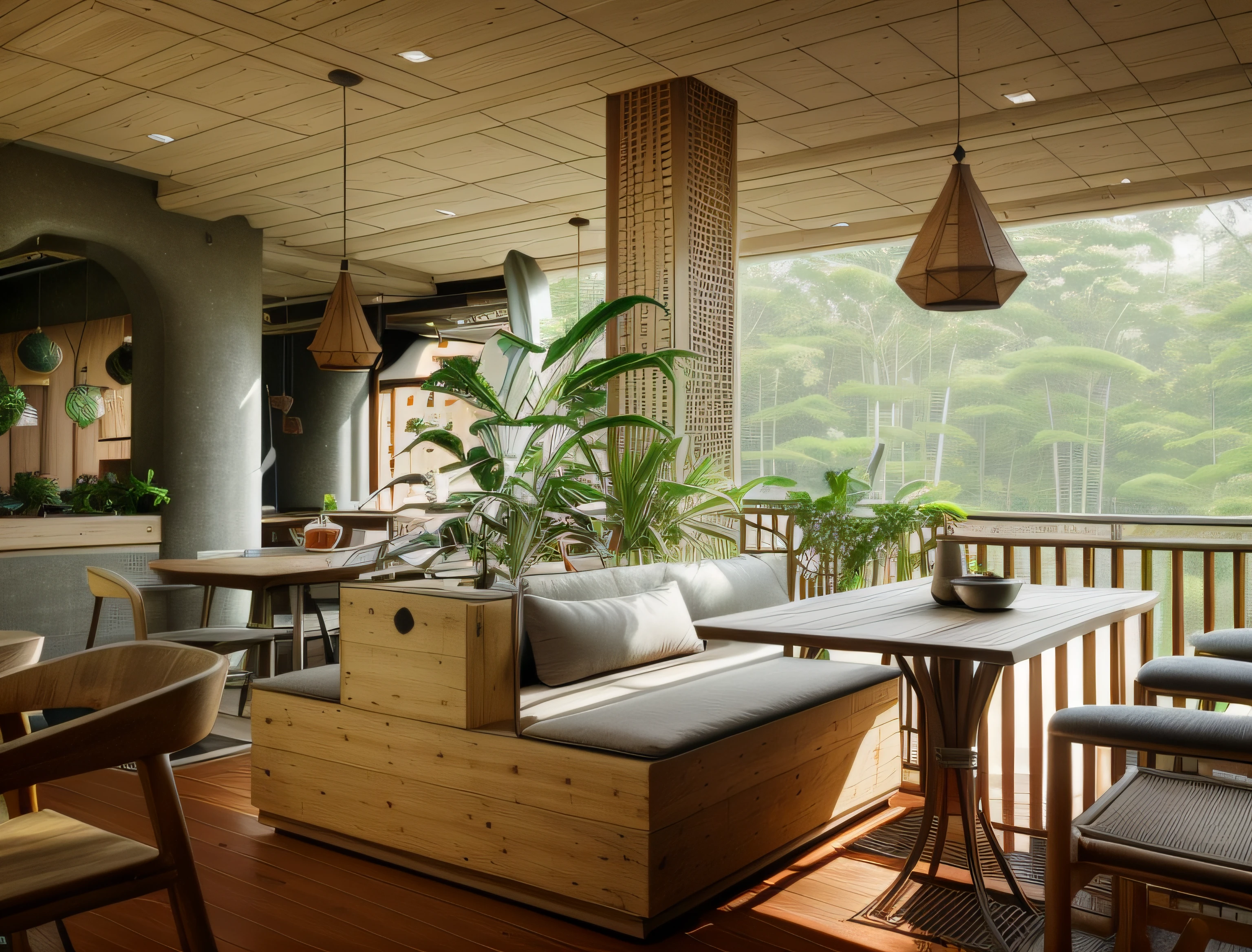 exterior design、Crazy detailed wide-angle building photos、cozy contemporary living room、(Bright warm sunshine 1:0.1)、award-winning contemporary interior design、Landscapes、DL、a chair、in a house、wooden floor、window、dining room、east asian east asian architecture、Sliding paper doors、lamp lights、buliding、the woods、naturey、Cups、A plant、exterior design、Insert lights and shadows、depth of fields、low illuminance