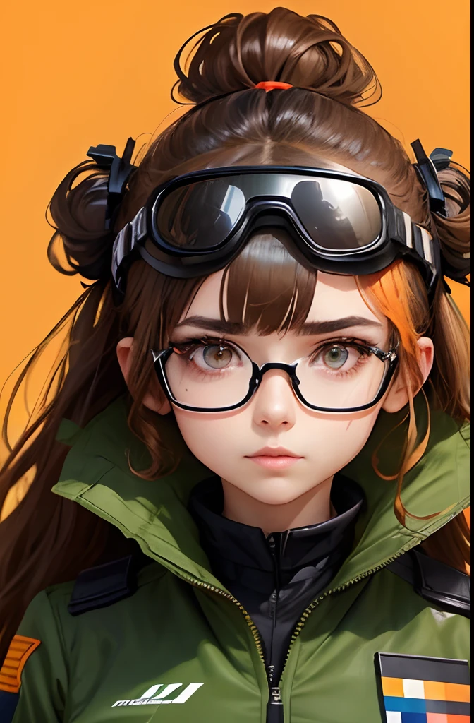 Woman in pilot uniform,  Wearing very large futuristic VR goggles on your head, the hair on the head is dark brown, The hair on the head is tied into one, Big eyes、the eyes are orange, Large black-rimmed glasses, Freckles on the cheeks, Please wear an army green color flight jacket , The skin color is tanned dark brown