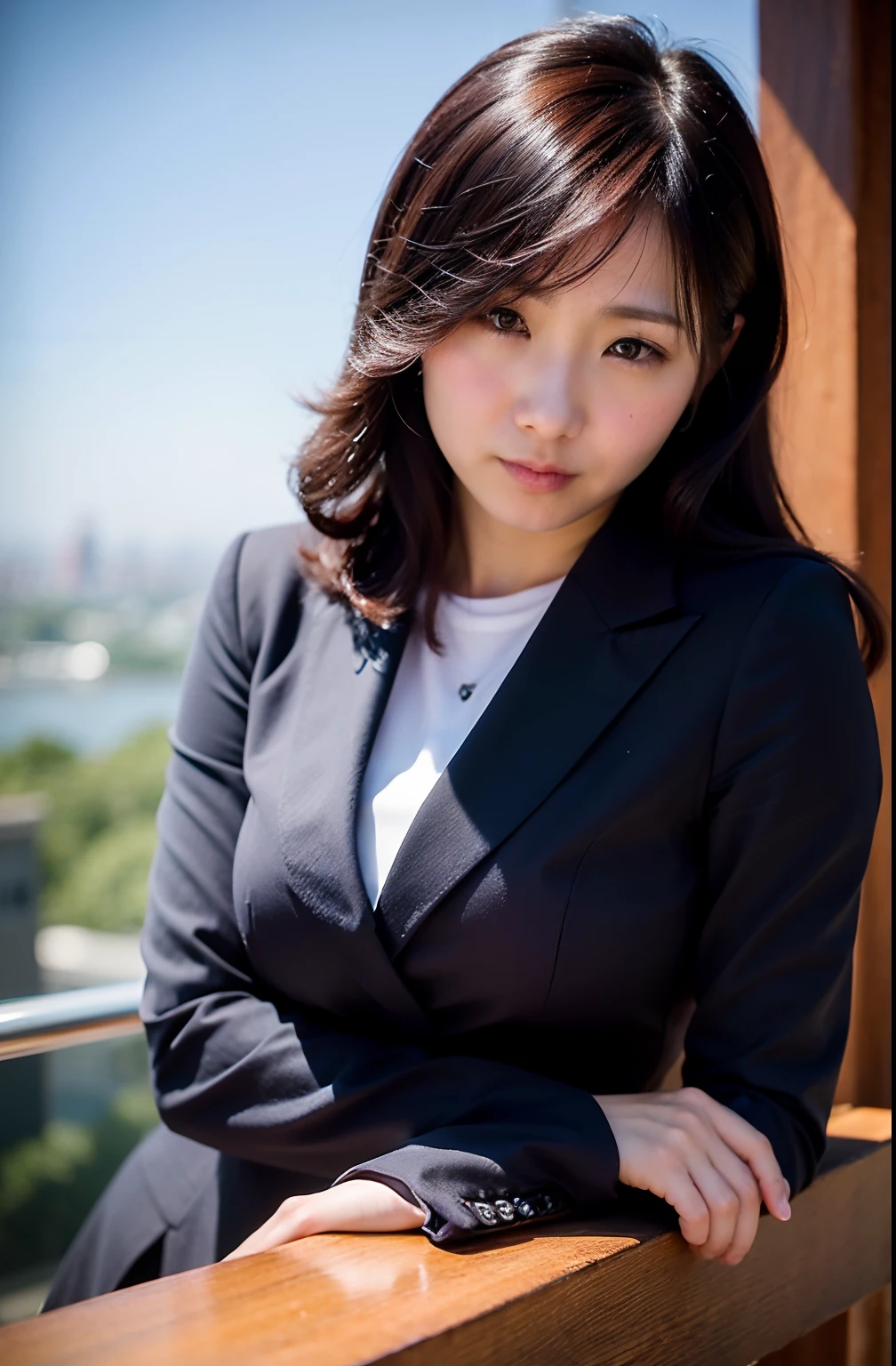 女の子1人、独奏、Parting lips、Officelady、Business suits、sky line、school classrooms、With your arms crossed behind your head、looking at viewert、