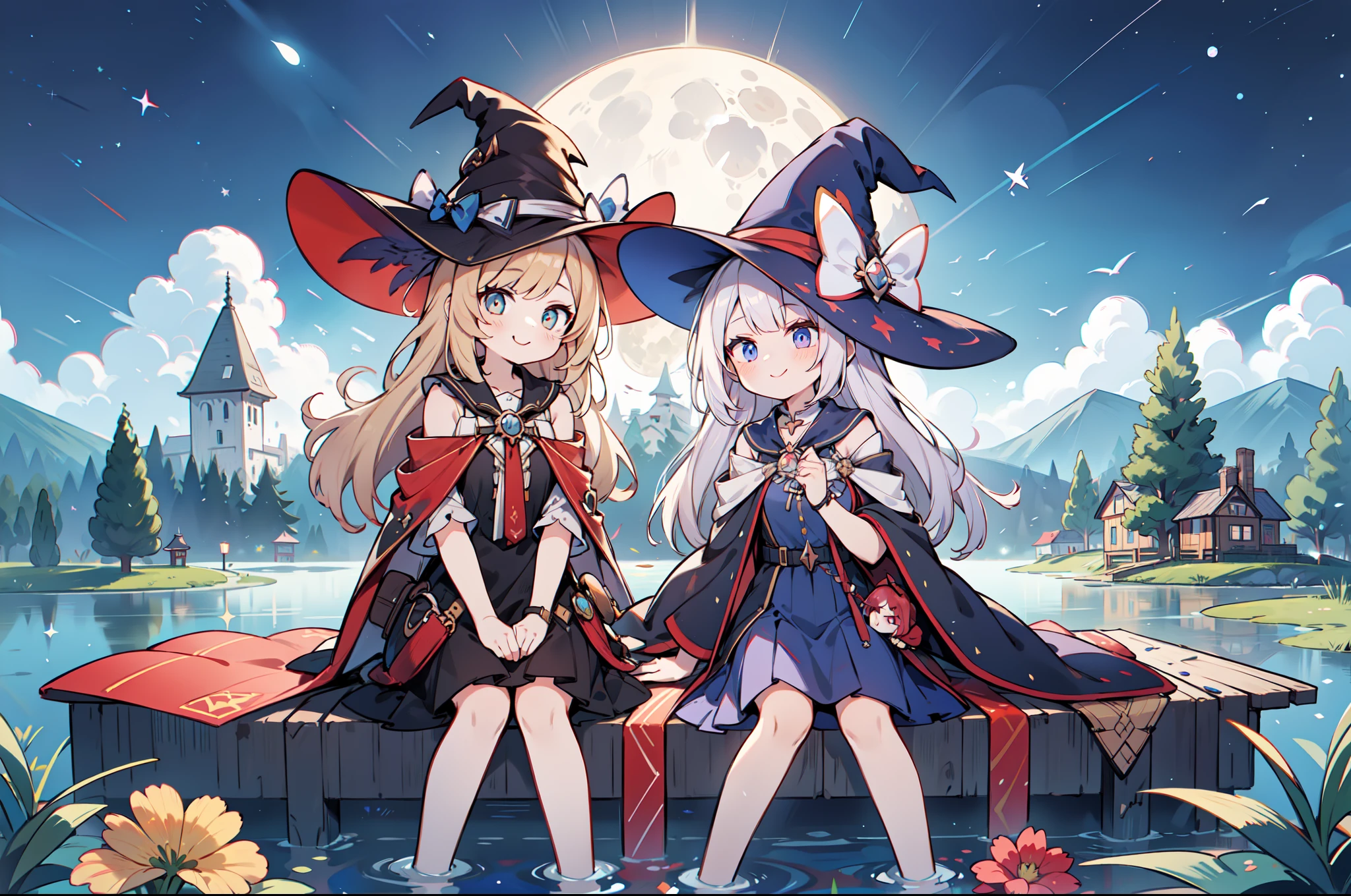 Twins are sitting. They both have the same face and the same hair color. The twin witches have matching clothes and hats. They are twins dressed as witches。It's a smile。The two witches wear the same hat。I'm on a lake with the moon in the background。Colorful. ultra-detailliert. high-level image quality。