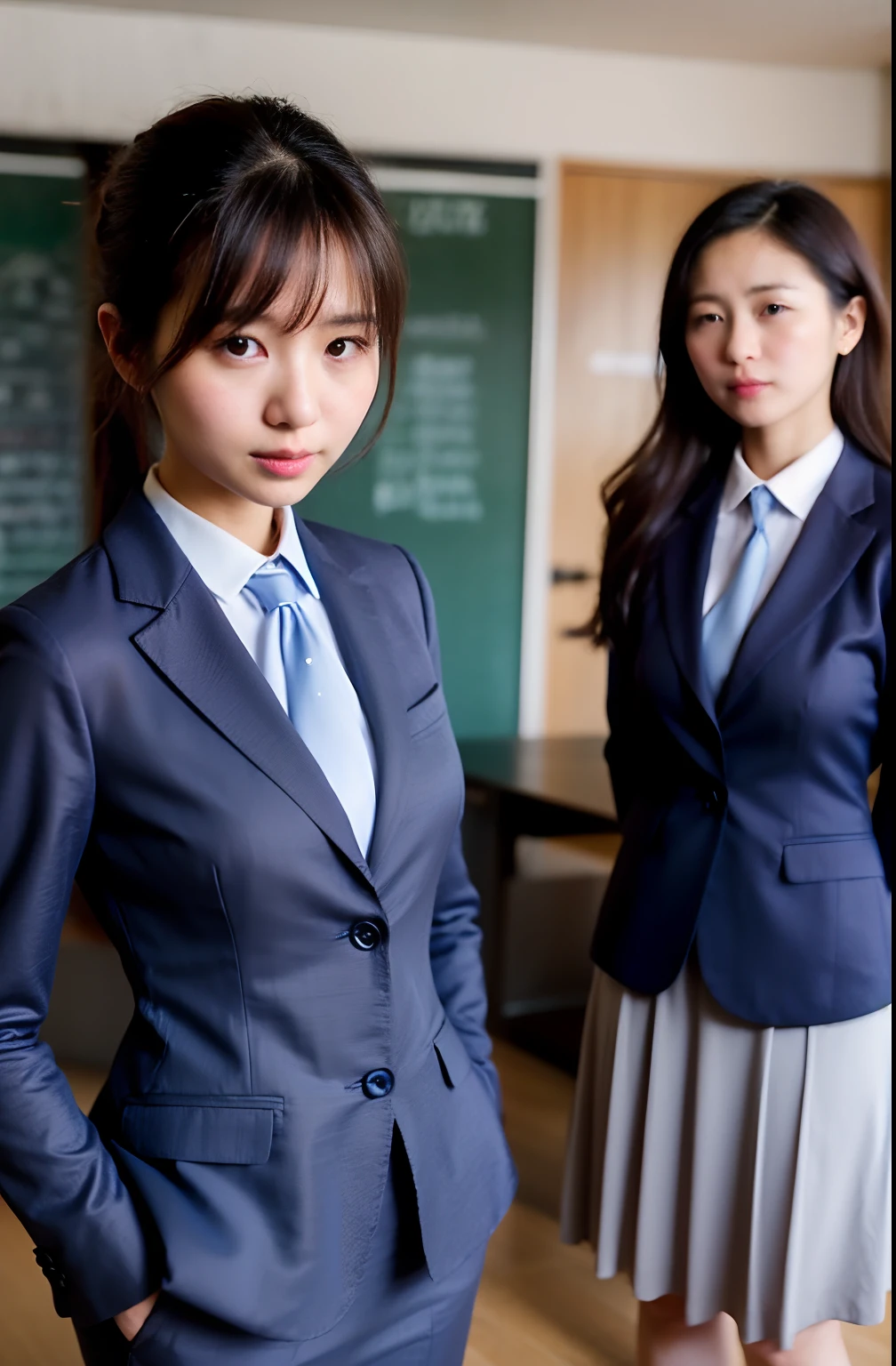 1人、独奏、Parting lips、Officelady、Business suits、sky line、school classrooms、With your arms crossed behind your head、looking at viewert、