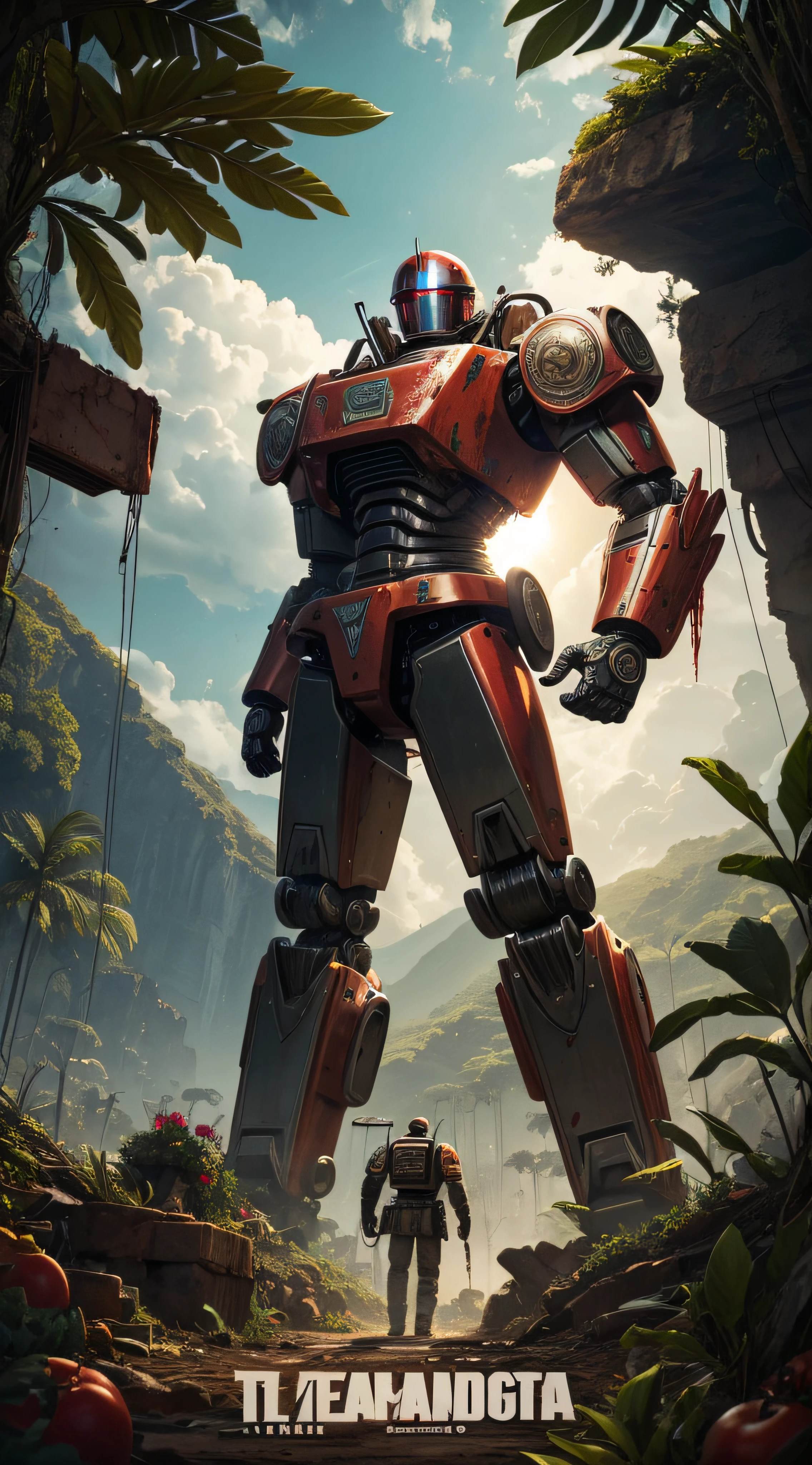 (extremadamente detallado, obra maestra, La mejor calidad, foto antigua, principios de siglo, VHS Aesthetics) Great retro robot with blood in robotic hands. cannons on his back. chainsaws en sus brazos. In the middle of a strange jungle. Vegetables from another dimension. Epic flowers far away, organic trees with meat. Light Volumetric