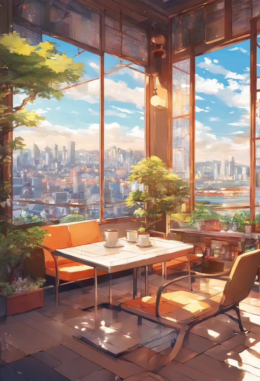 Cafe, coffee table and a large window, interior background art，style of anime