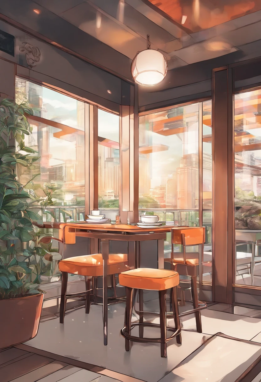 Cafe, coffee table and a large window, interior background art，style of anime