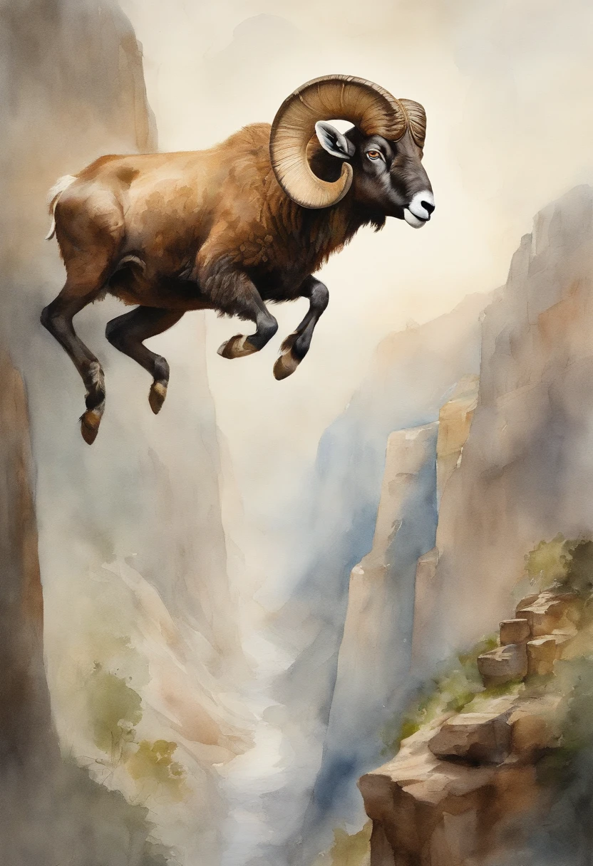 A ram jumps off a steep-walled cliff behind him，This is followed by a flock of sheep jumping down。Close-up of the first ram。The lens is tilted。