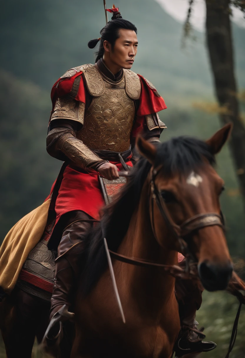 An ancient Chinese general rides a horse,armor,Hanfu,holds a spear,Hakuba,Mercedes in the wild