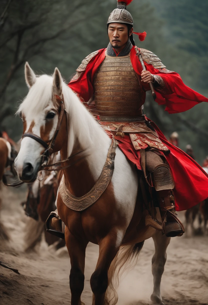 An ancient Chinese general rides a horse,armor,Hanfu,holds a spear,Hakuba,Mercedes in the wild