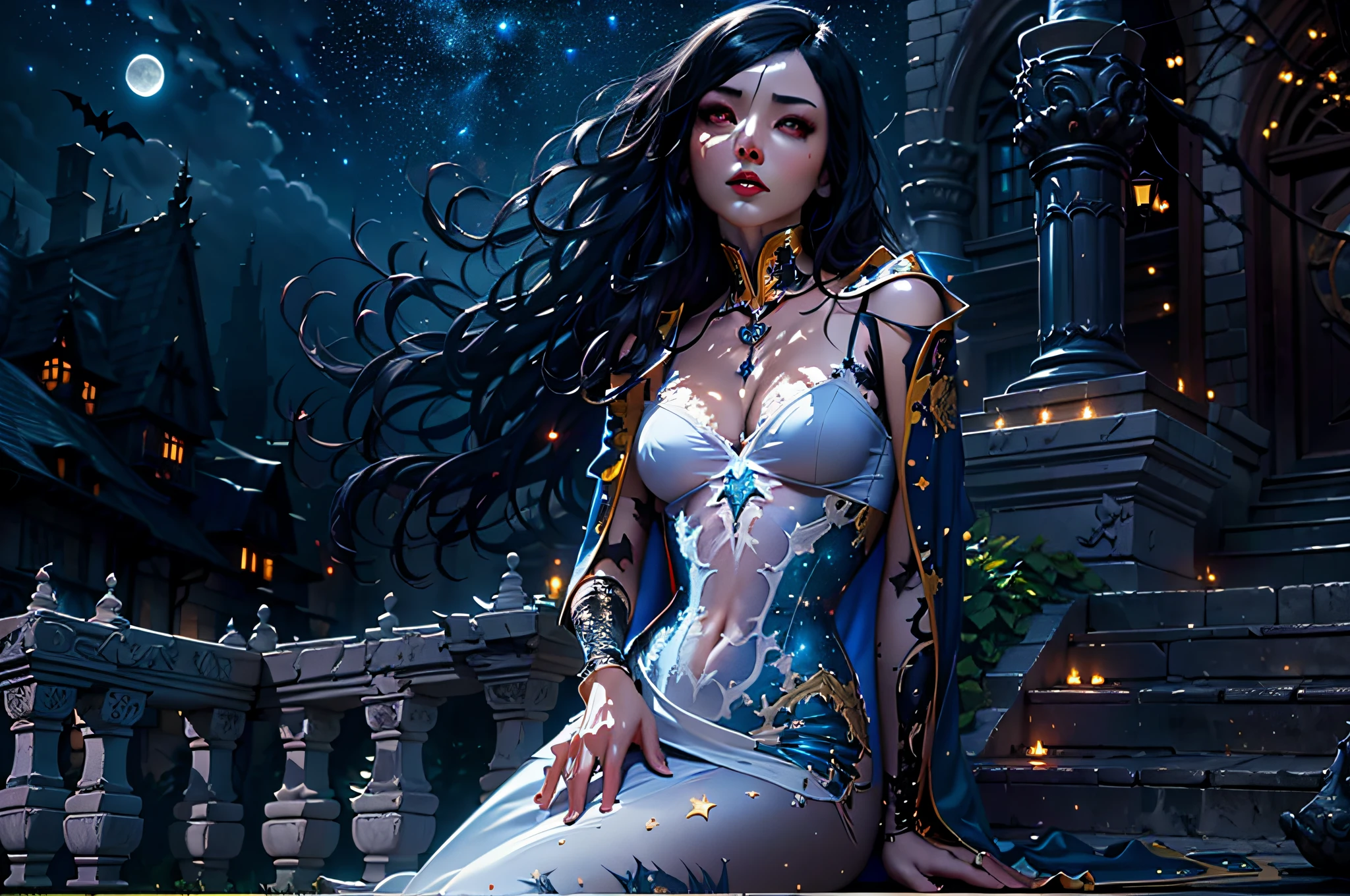 a picture of an exquisite beautiful female vampire standing under the starry night sky on the porch of her castle, dynamic angle (ultra detailed, Masterpiece, best quality), ultra detailed face (ultra detailed, Masterpiece, best quality), ultra feminine, (black skin: 1.3), black hair, wavy hair, dynamic eyes color, cold eyes, glowing eyes, intense eyes, dark red lips, [fangs], wearing white dress (ultra detailed, Masterpiece, best quality), wearing blue cloak (ultra detailed, Masterpiece, best quality), long cloak, flowing cloak (ultra detailed, Masterpiece, best quality), wearing high heeled boots, sky full of stars background, moon, bats flying about, high details, best quality, 8k, [ultra detailed], masterpiece, best quality, (ultra detailed), full body, ultra wide shot, photorealism, dark fantasy art, dark fantasy art, gothic art, many stars, dark fantasy art, gothic art, sense of dread,