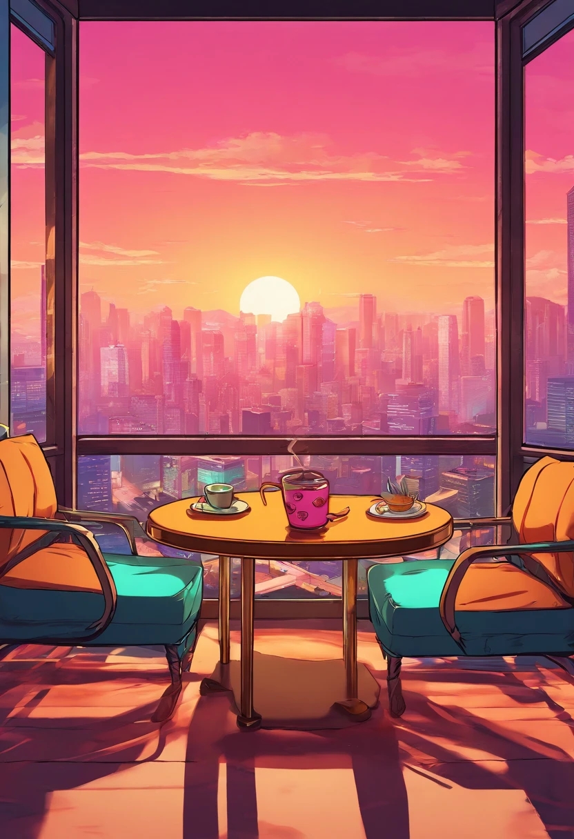 Cafe, coffee table and a large window, interior background art，style of anime