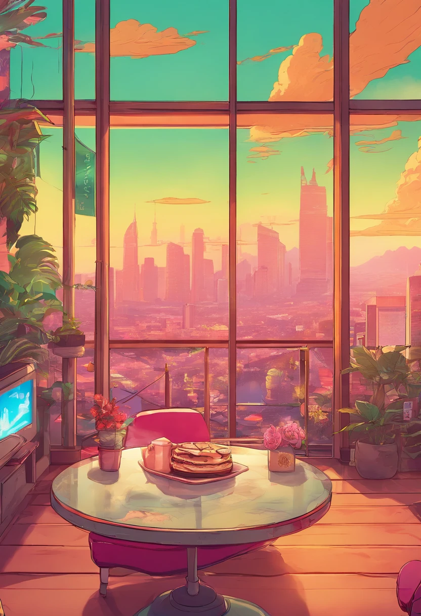 Cafe, coffee table and a large window, interior background art,style of anime