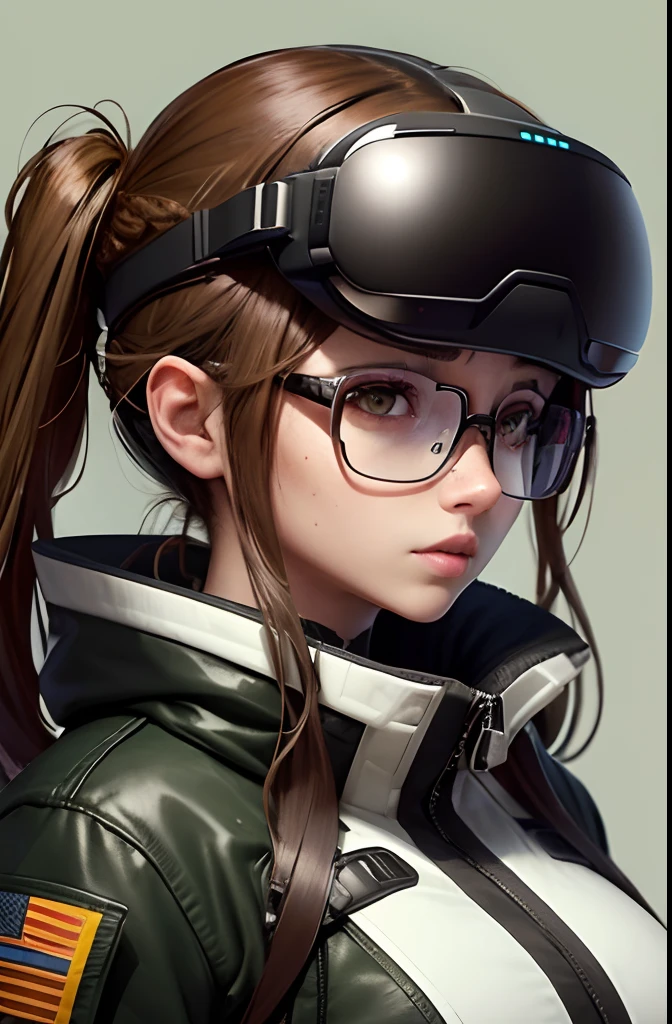 Woman wearing very big futuristic VR goggles on her head, the hair on the head is dark brown, The hair on the head is tied into one, big eye、the eyes are orange, Large black-rimmed glasses, Freckles on the cheeks, Please wear an army green color flight jacket , The skin color is tanned dark brown