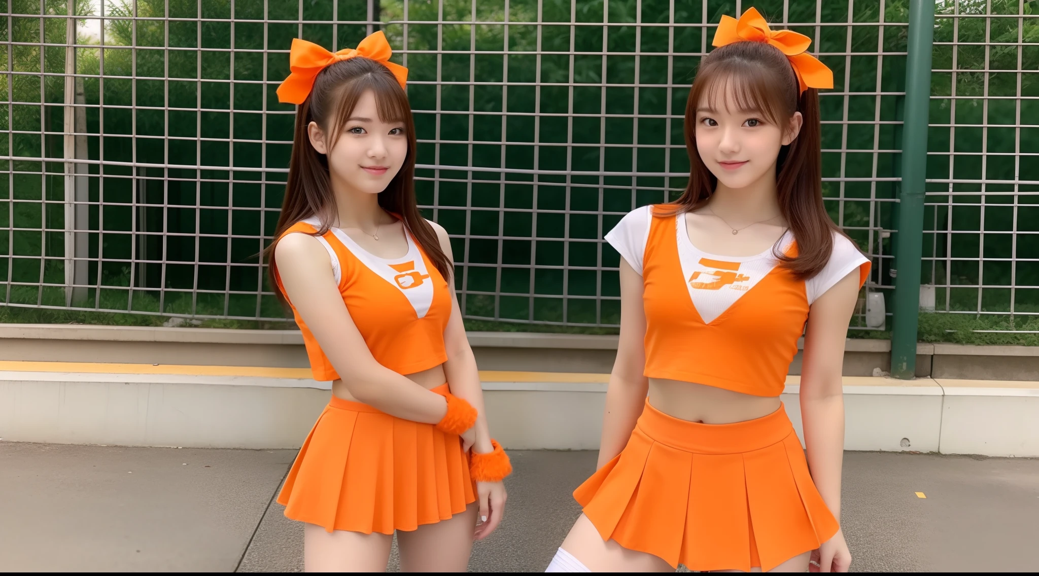 18-year-old cheergirl in orange miniskirt