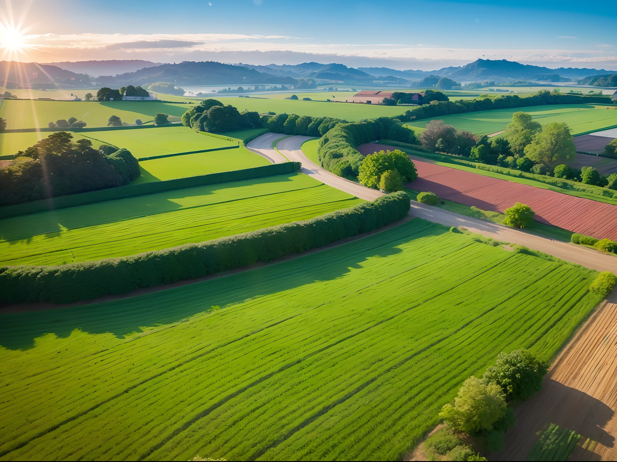 (8k, Foto RAW, best quality, Realistic photo) Panoramic image of a rising sun over a farm with its verdant fields and its green and flowering hills, o fazendeiro cultivando o fruto da terra e se alegrando com a colheita e o prazer de partilhar.