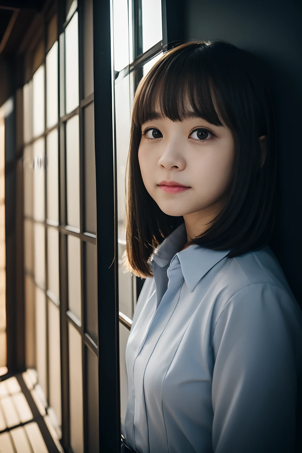 Cute girl in  graduation uniform,japanes,extremely detailed eye and face, Sharp pupils,Middle aged man standing behind a girl in a gap in a dark narrow house with no light、A 12-year-old girl。 ulhigh olution,Cute smile, Cinematic lighting,tranquil atmosphere、Beautiful fine details,extremely detailed eye and face、Ultra-wide-angle shooting、Girl with expressionless and puzzled face、Girl forcibly hugged from behind by a middle-aged man。