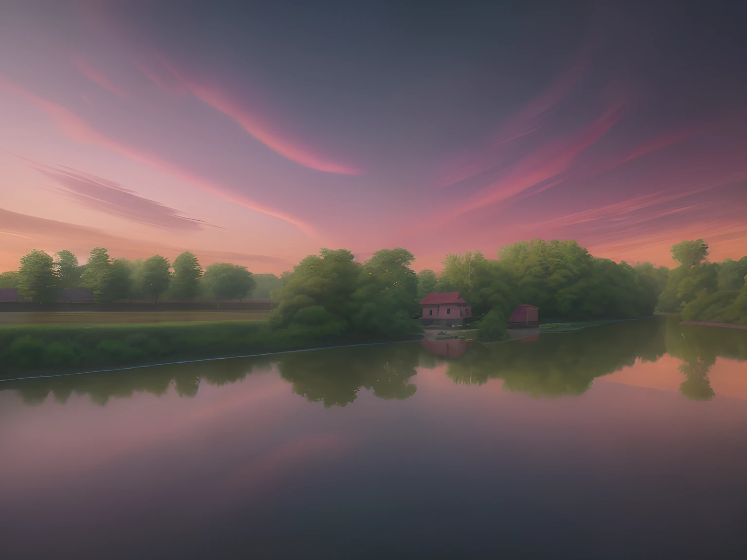 A single house, trees in the background, a river, reflection of trees and a house in the river, a beautiful and colorful sky, sunlight, cinematic, hyper realistic, 8k