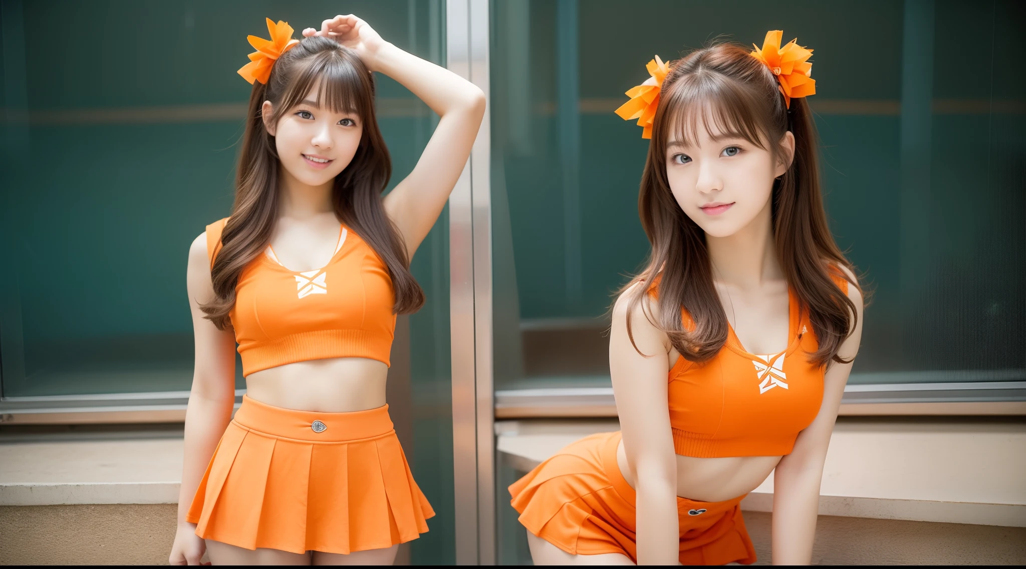 18-year-old cheergirl in orange miniskirt