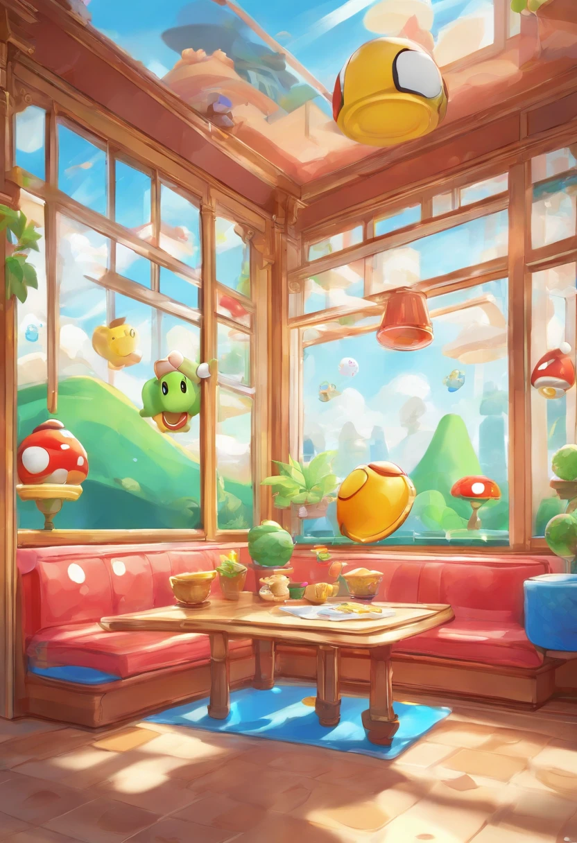 Cafe, coffee table and a large window,style of anime