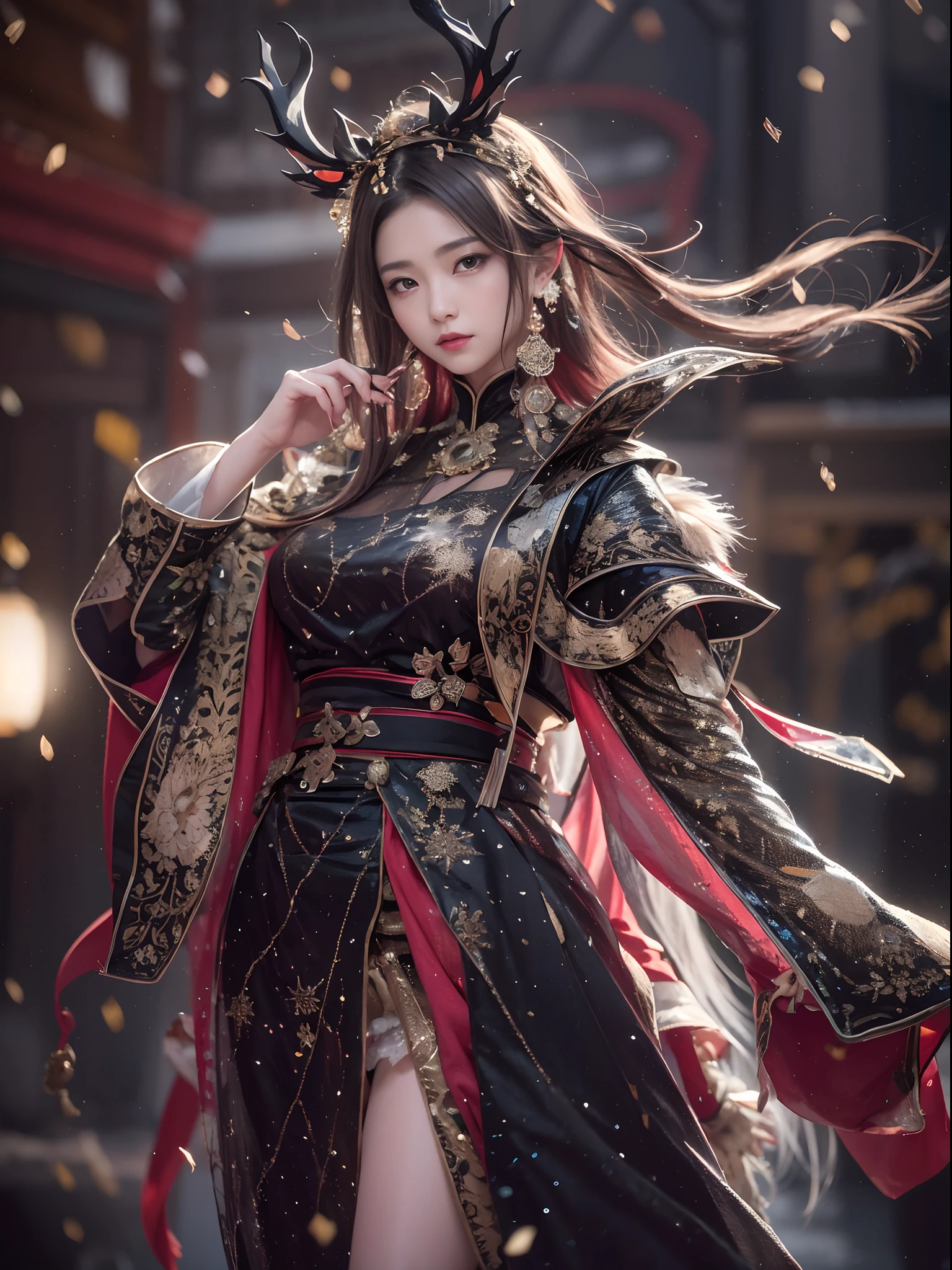 32K gradient glass texture(tmasterpiece,k hd,hyper HD,32K)Short burgundy hair,Short flowing hair,Onsen District,Flame Girl ,Yao Lang protector (realisticlying:1.4),Python pattern robe,Black gold master Kawashima work headdress,Snowflakes fluttering, high resolution, detailed, RAW photograph, Nikon D850 Film Stock Photo by Jefferies Lee 4 Kodak Portra 400 Camera F1.6 shots, Rich colors, ultra-realistic vivid textures, Dramatic lighting, Unreal Engine Art Station Trend, cinestir 800