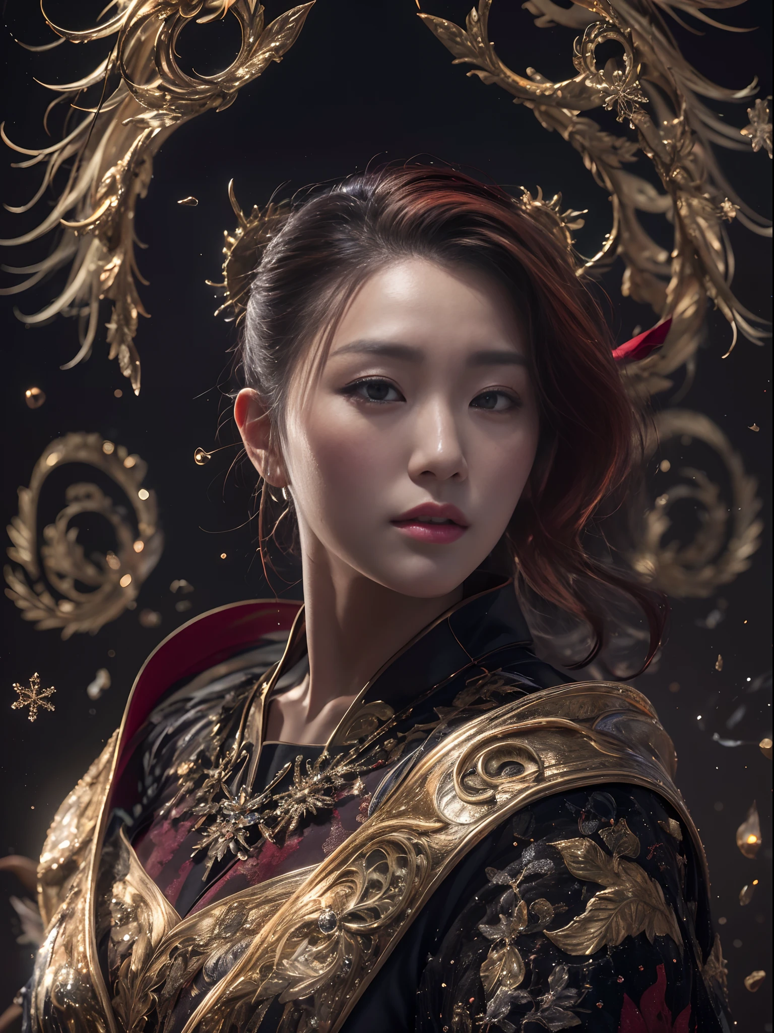 32K gradient glass texture(tmasterpiece,k hd,hyper HD,32K)Short burgundy hair,Short flowing hair,Onsen District,Flame Girl ,Yao Lang protector (realisticlying:1.4),Python pattern robe,Black gold master Kawashima work headdress,Snowflakes fluttering, high resolution, detailed, RAW photograph, Nikon D850 Film Stock Photo by Jefferies Lee 4 Kodak Portra 400 Camera F1.6 shots, Rich colors, ultra-realistic vivid textures, Dramatic lighting, Unreal Engine Art Station Trend, cinestir 800