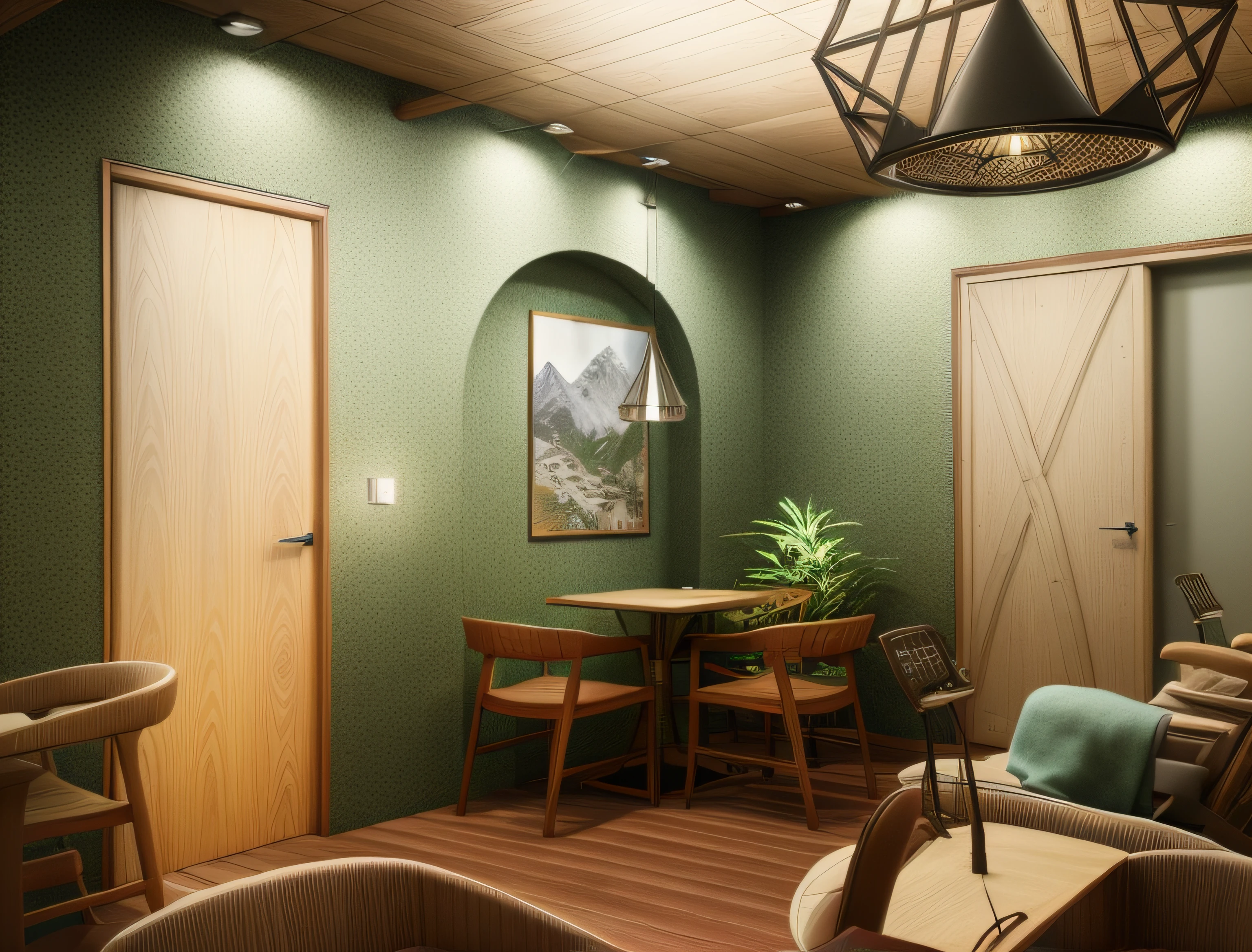 exterior design、Crazy detailed wide-angle building photos、cozy contemporary living room、(Bright warm sunshine 1:0.1)、award-winning contemporary interior design、Landscapes、DL、a chair、in a house、wooden floor、window、dining room、east asian east asian architecture、Sliding paper doors、lamp lights、buliding、the woods、naturey、Cups、A plant、exterior design、Insert lights and shadows、depth of fields、low illuminance