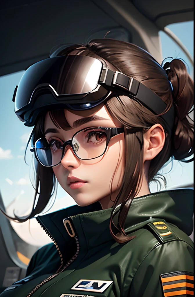 Woman in pilot uniform, Wearing very large futuristic VR goggles on your head, the hair on the head is dark brown, The hair on the head is tied into one, Big eyes、the eyes are orange, Large black-rimmed glasses, Freckles on the cheeks, Please wear an army green color flight jacket , The skin color is tanned dark brown