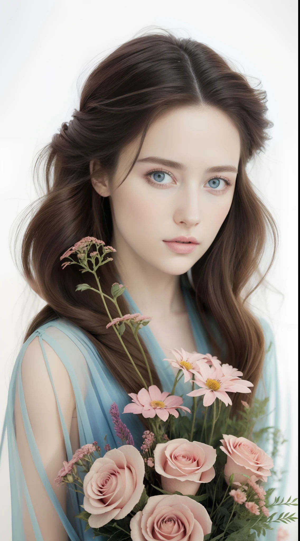Give flowers, 1girls,That woman........,Pretty, floral, Long fabric for dressing, Magalie Villeneuve's clear face, Magali Villeneuve', Inspired by Magali Villeneuve, Graphic artist Magali Villeneuve, Magali Villeneuve and Monet, Charlie Bowater and Artgeem, Charlie Bower and Tom Bagshaw, Darius Zawadzki and Tom Bagshaw