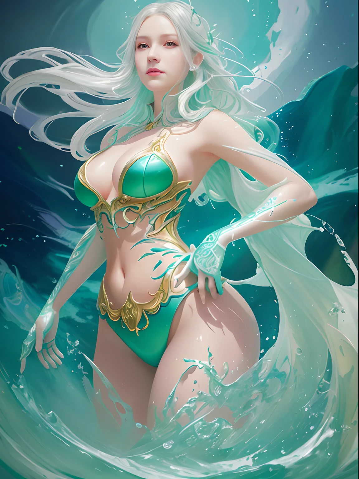 splash art, a close up liquid luminous  gorgeous lady made of colors,  golden, white  pastel green silver, filigree, filigree detailed , , color drops, coloe waves,  splash style of colorful paint, hyperdetailed intricately detailed, unreal engine, fantastical, intricate detail, splash screen, complementary colors, fantasy, concept art, 8k resolution, deviantart masterpiece, oil painting, heavy strokes, paint dripping, splash arts, , fantasy art,  by Yanjun Cheng, guweiz, by atey ghailan, Greg Rutkowski, greg tocchini,,  Sakimichan , Bowater, artgerm, wlop. concept art, centered composition  perfect composition, centered, intricated pose, intricated, looking to the viewer