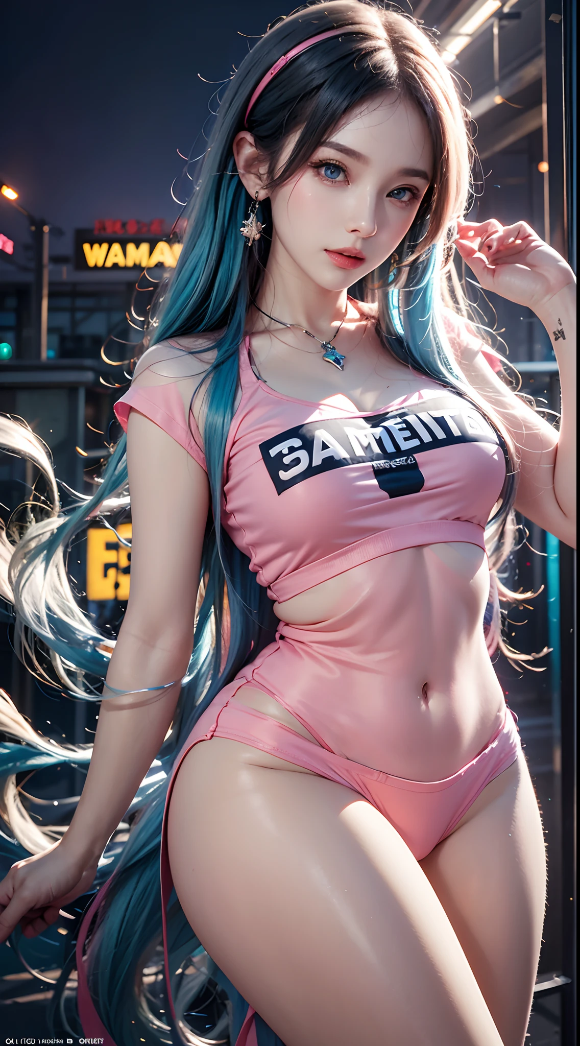 photography awards, masterpiece, blue hair, blue eyes, photorealistic, high resolution, soft light, pink t-shirt, 1women, solo, hips up, Gamer girl, Game center, arcade, shining skin, dynamic pose, bright, Game center background, high background detail, dim light, night, pink headphone