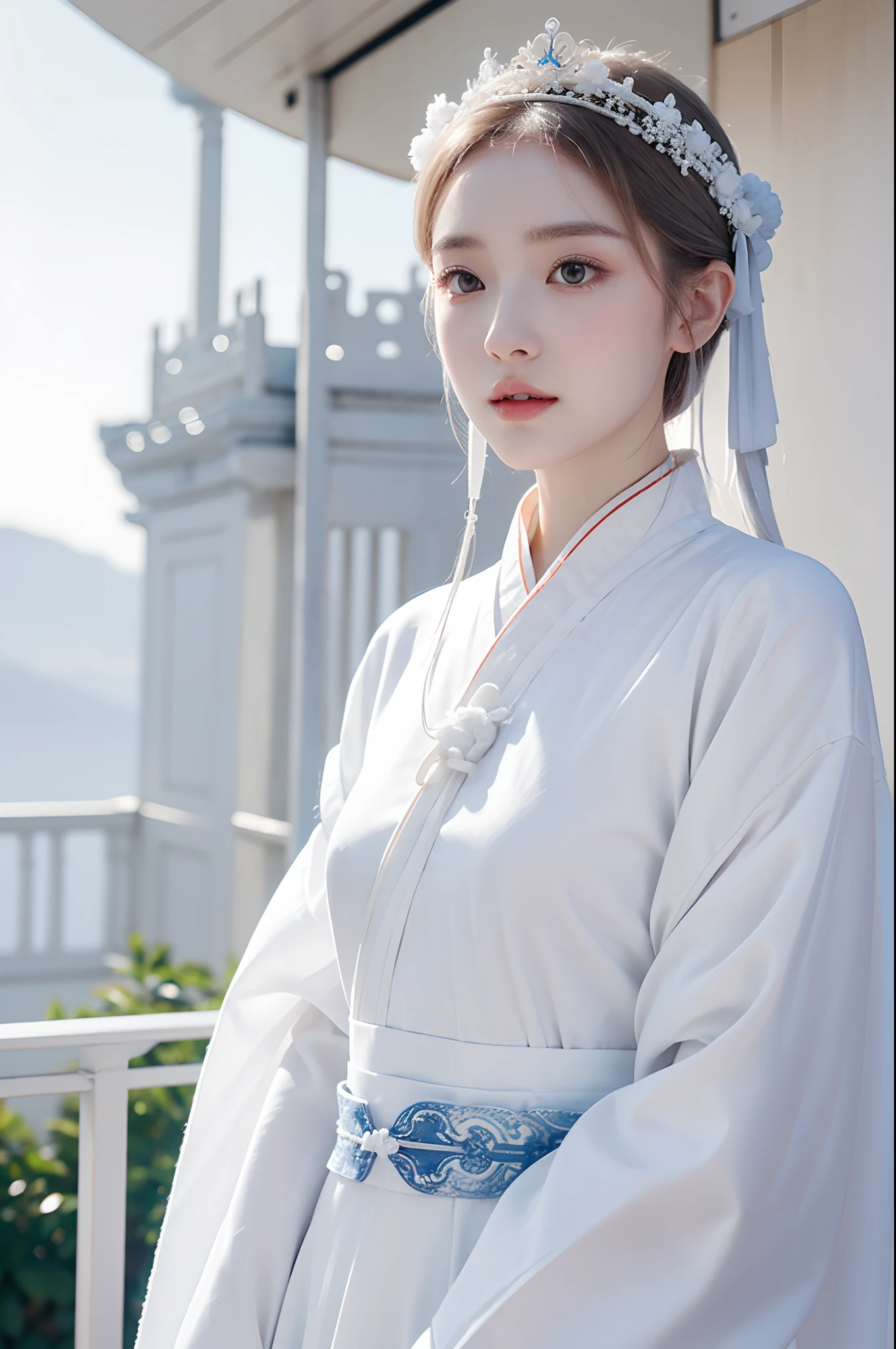 a close up of a woman wearing a white dress and a tiable, white hanfu, inspired by Wu Bin, palace ， a girl in hanfu, inspired by Wuzhun Shifan, with white skin, white porcelain skin, hanfu, white skin, with acient chinese clothes, white crown, xision wu, with crown, with white