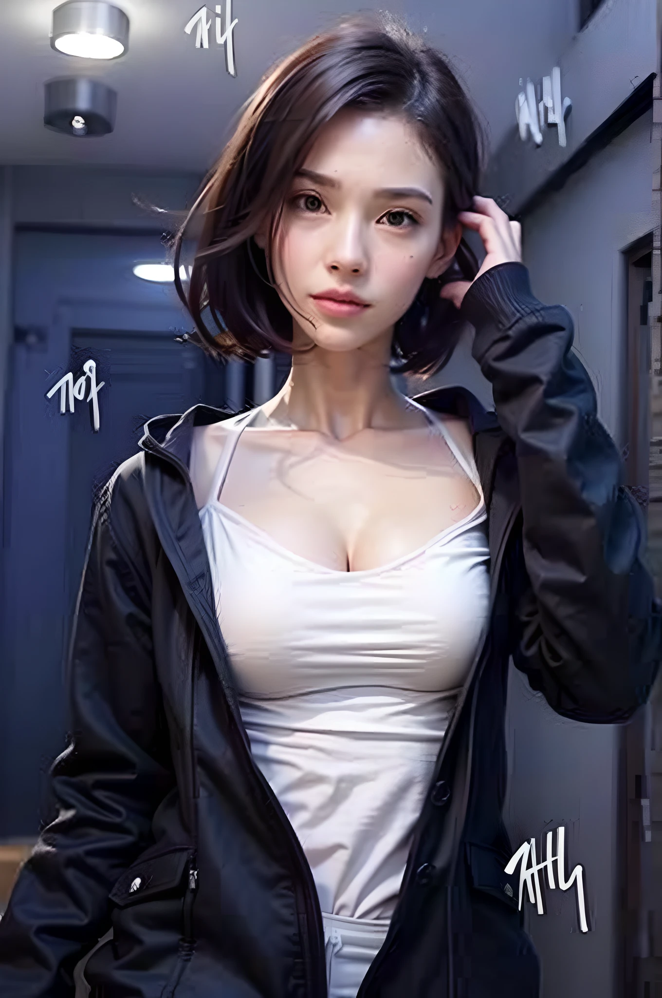 high definition symmetrical image, (goddess of breasts, (((round face, glasses))), eyes realistic sizing, (drooping eyes), small breasts, (unzipped hoodie), nipples, ((closeup breasts)), blond, (joy smiling), (sunset, big sky, cloud, buildings), (angle from breasts below),