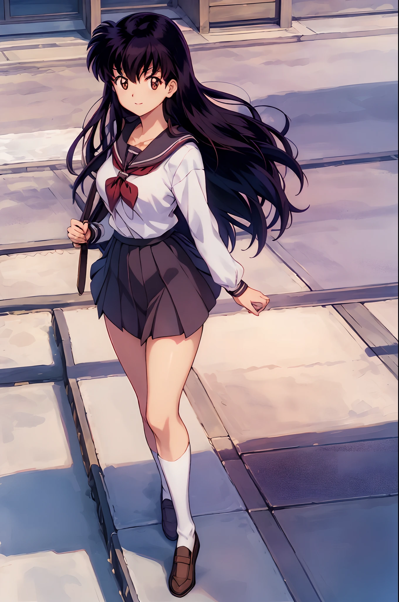 (Best Quality), 1Woman,1girl Kagome Higurashi, brown eyes, full body, photorealistic, (hyperrealistic:1.2), perfect eyes, perfect face, perfect lighting, outdoors, warm colors, city, school uniform, happy, , walking,, smile, pantyhose