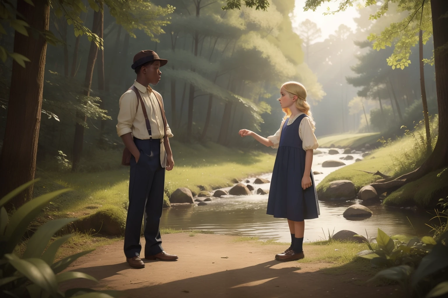 Year: 1939. Location: Memphis, Mississipi. pre-raphaelite 12-year-old blonde girl in a nightgown, arguing with a 15-year-old black boy, in the forest close to the river, ((1930s colorful country clothes)) ((1930s hairstyle)) ((in the style of "OMITB")) ((cinematic style))