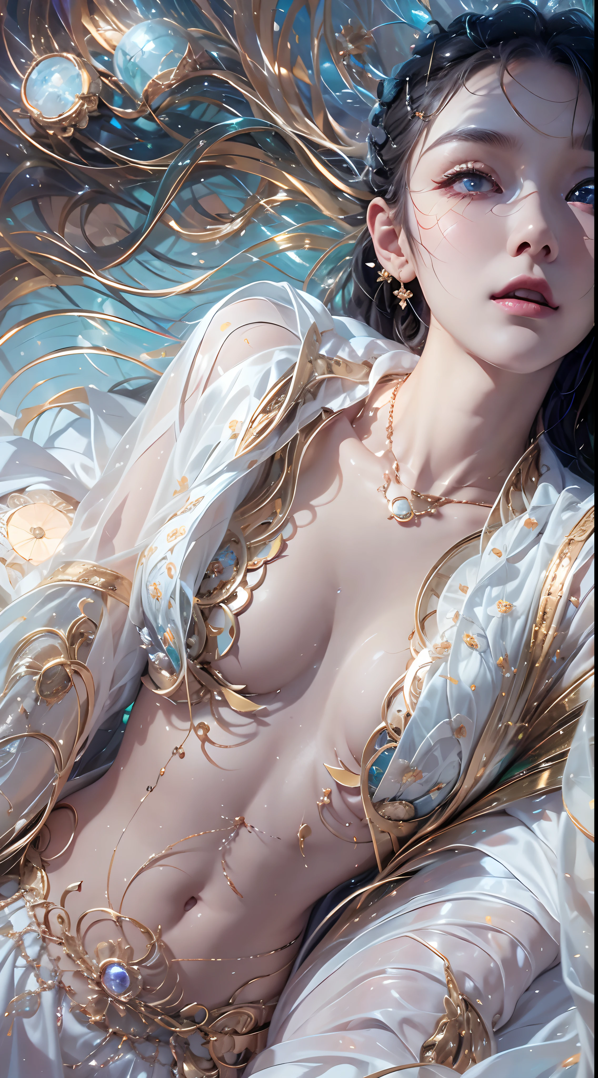 1girll,(enchanced quality:1.4),(Top quality true texture skin), Delicate face,Black hair, Gradient hair, Petite body,(perfect bodies:1.1), There are precious stones on the forehead, rimless eyewears, Sparkling pupils,long eyelasher,grin, hyper photorealism, Cinematic lighting, projected inset, surrealism, hyper HD, Masterpiece, 16k,Lie down,dream on,Wear transparent silk pajamas,Carmelto,Legs slightly open,Tattooed with,Fantasy space,Luxurious space