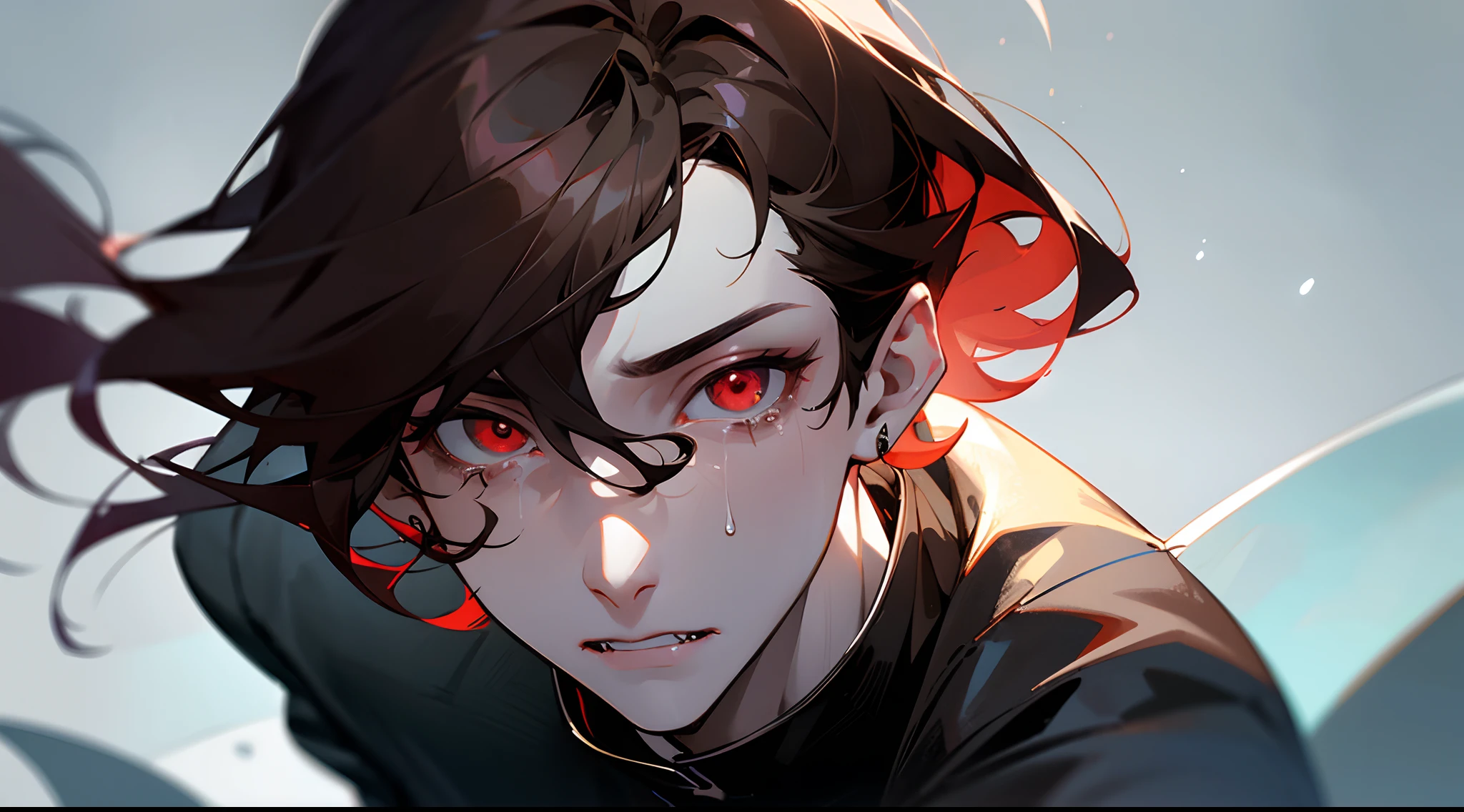 ((tmasterpiece)),(((beste-Qualit))), Close-up of crying man with brown hair and white body kneeling, standing next to him, character close up, Subsurface scattering skin, Attractive humanoid, (vampires), no shirt, high detail, stylized portrait, character close up, Only the head and torso, androgynous face, Skinny fantasy man, Fan art, Art, handsome male, pale skin, red-eyes, Skinny face, sunken cheeks, Sharp fangs, A sad deep look, Sad, Crying, Melancholic appearance, sharp chin, Smooth face, black cloak, Dark clothes, earring in the ear, Hair gradient, hair color from brown to red, thin eyebrows, short hair on the side, Pixie hairstyle, Wavy Hair, Dark Forest, the night, dim moonlight, Silvery mist, Picture from above