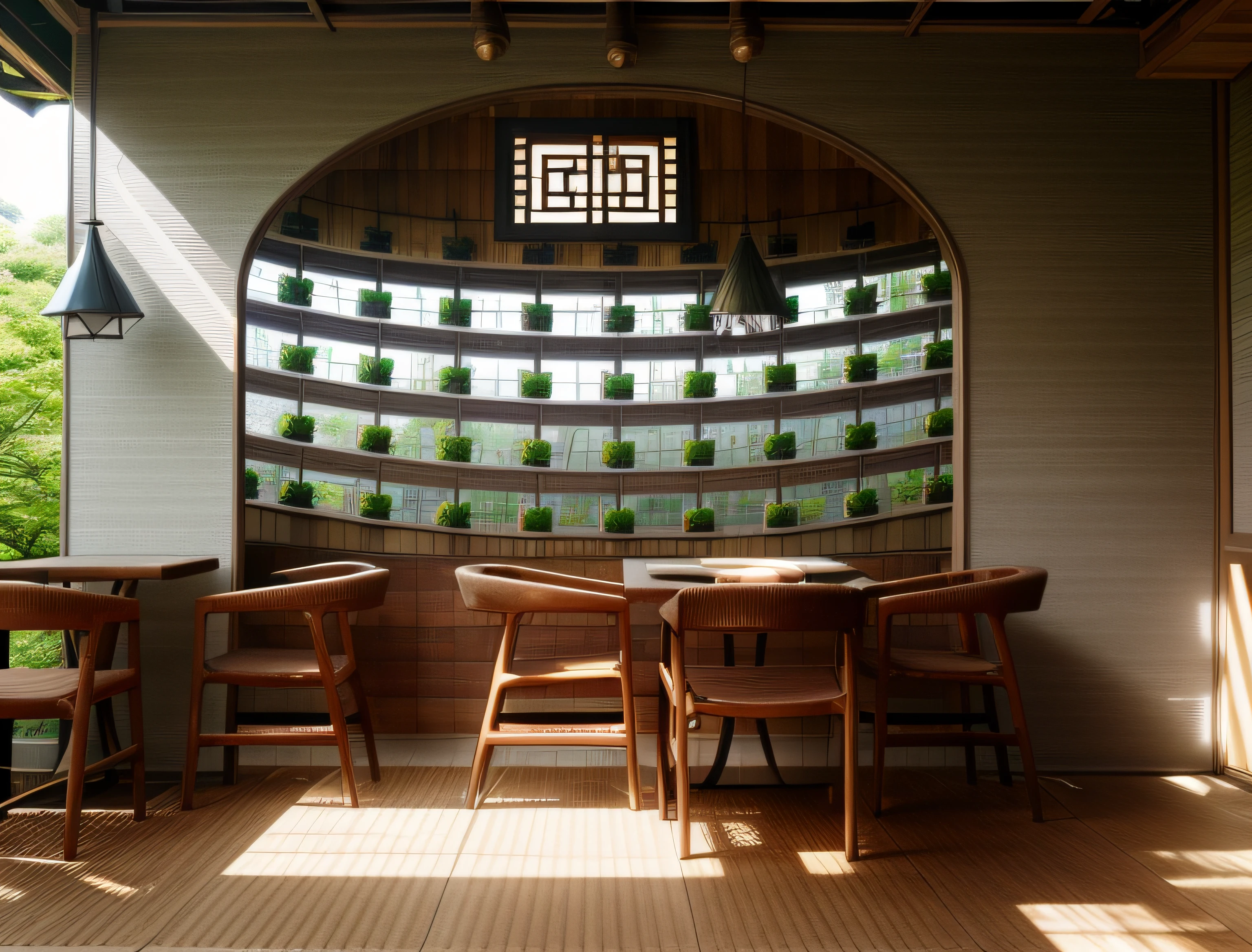 exterior design、Crazy detailed wide-angle building photos、cozy contemporary living room、(Bright warm sunshine 1:0.1)、award-winning contemporary interior design、Landscapes、DL、a chair、in a house、wooden floor、window、dining room、east asian east asian architecture、Sliding paper doors、lamp lights、buliding、the woods、naturey、Cups、A plant、exterior design、Insert lights and shadows、depth of fields、low illuminance