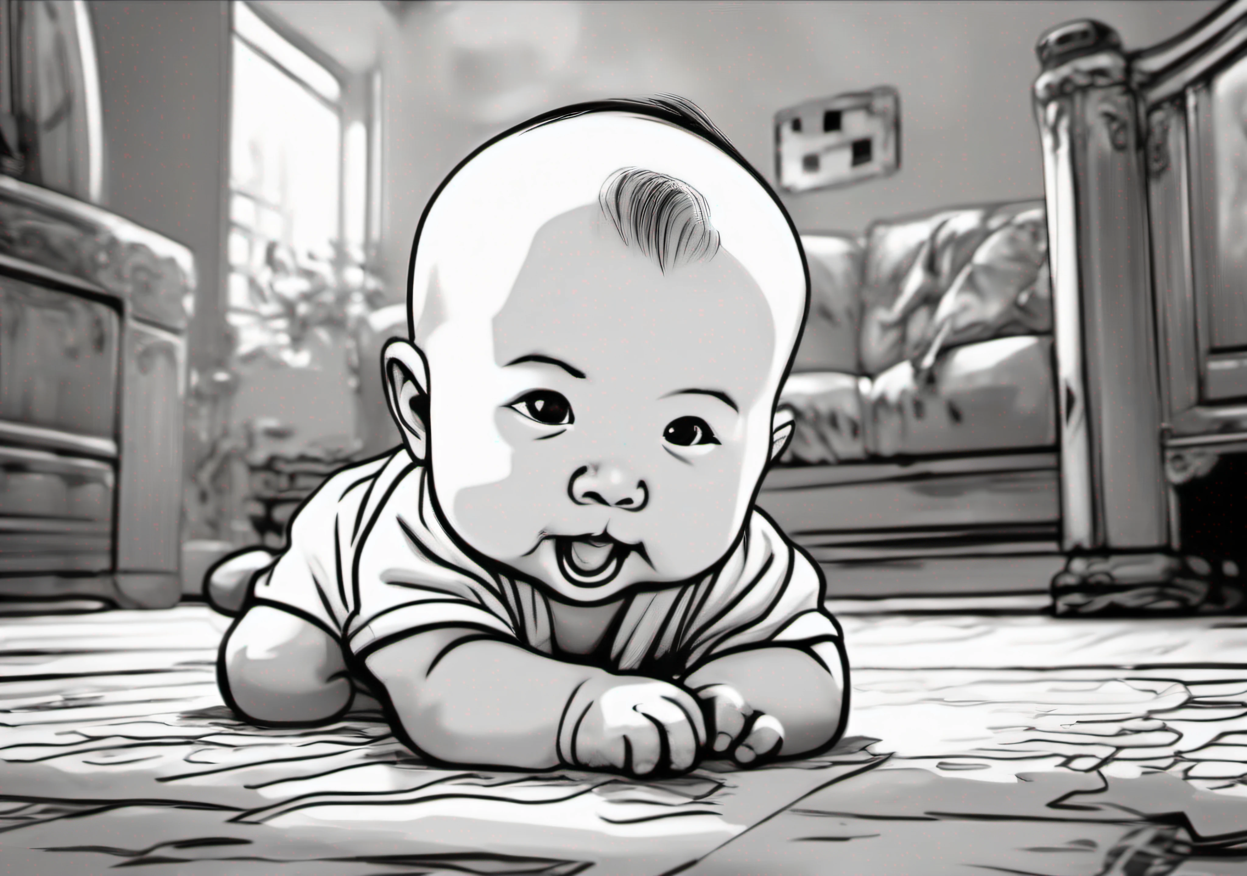 (Chinese ),He only has a few hairs,He crawled on the ground,Fundo sala de estar,Sketch style,Black and white line drawing,Medium shot,wide wide shot,8K,
