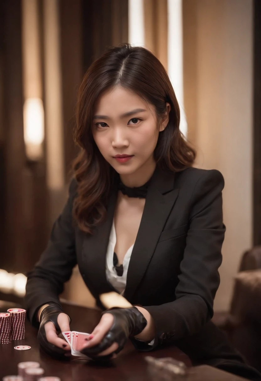 A young Japanese woman with a black suit up to a shirt and playing cards with black leather gloves on both hands