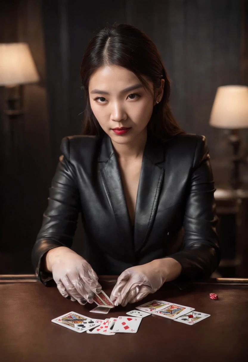 A young Japanese woman with a black suit up to a shirt and playing cards with black leather gloves on both hands