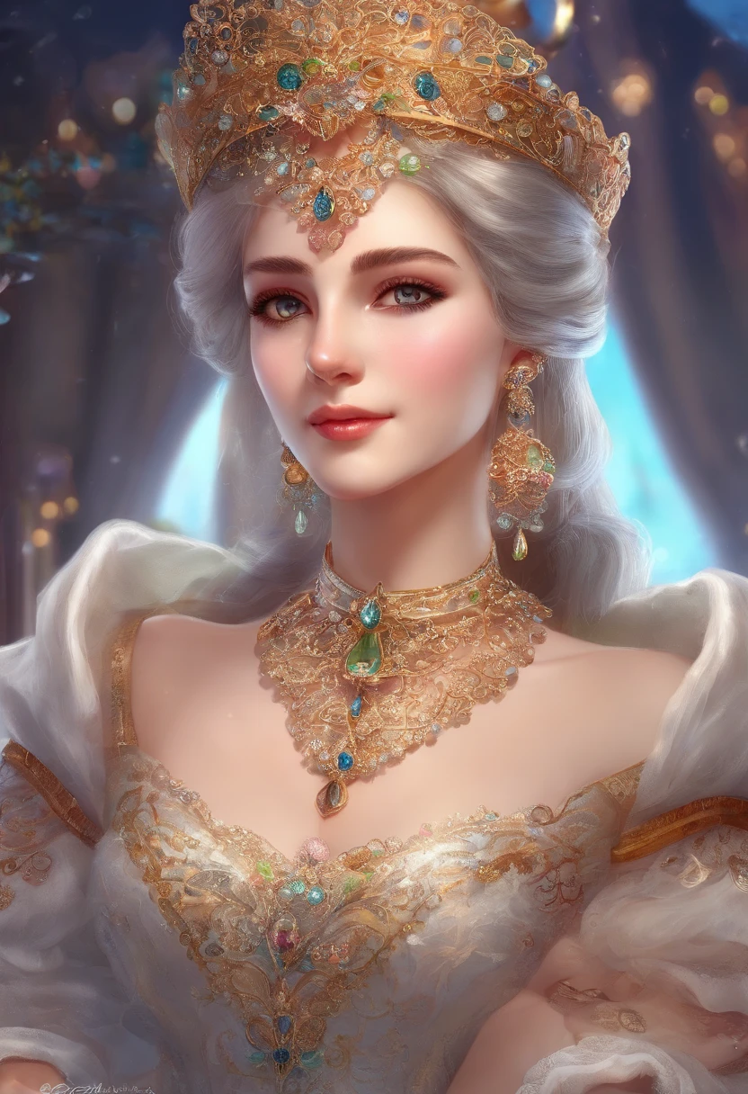 Lady of the French court，Rococo puffy skirt，（Extremely Delicately Beautiful：1.2），8k，（tmasterpiece：1.0），（best_quality：1.0），1girll，Mature woman，Complicated details，enlarged textures，Complicated details，Fine eyes and detailed face，Complicated details，（Keep one's mouth shut），perfect  eyes，Equal eyes，Perfect body，extremely detailed nipple，Extremely realistic 3D，Raised sexy，brunette color hair，（（Very detailed eyes））gro，Delicate eyeliner。long eyelasher，greene eyes，Black pupils，There is starlight in the eyes，Delicate lip detailing，Oil painting quality，Thick painting style
