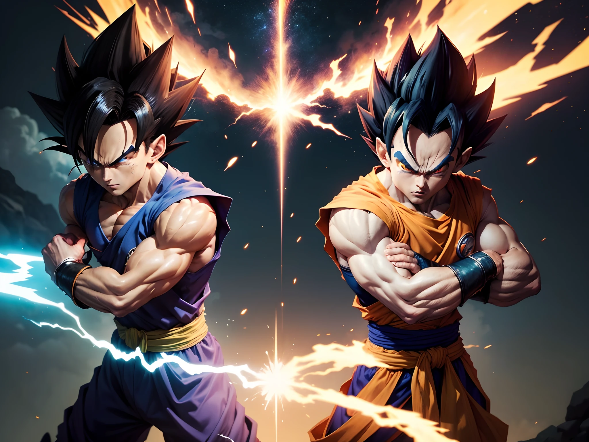 Goku and Vegeta engage in an intense battle on the vibrant and alien landscape of Planet Namek. Goku, with his distinctive spiky black hair and orange martial arts uniform, exudes an aura of focused determination. His piercing black eyes are locked onto Vegeta, and he stands with a stance that radiates confidence.
Vegeta, on the other hand, stands tall with his Saiyan armor adorned in royal blue and white. His shiny black hair contrasts with the greenish-blue atmosphere of Namek. His fierce scowl and prideful posture display his Saiyan arrogance as he faces off against Goku.
The two warriors clash with explosive energy, sending shockwaves across the Namekian landscape. The air crackles with the power of their battle, and the sky is filled with bursts of energy as they exchange blows.
That's a concise description of Goku and Vegeta during their battle on Planet Namek.
