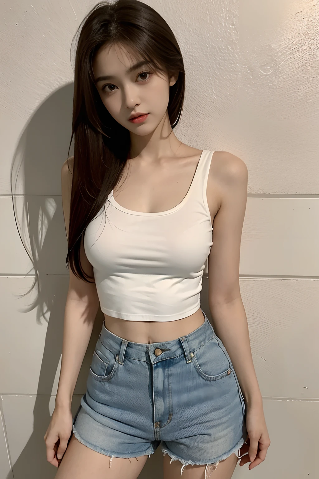 Girl in white tank top and shorts、full body Esbian、Cropped T-shirt、bra very、Slim body、Moderately bust、Slim Girl Model、18-year-old female model、Leaning against a clean wall、Korean Pretty Lady、jisso、