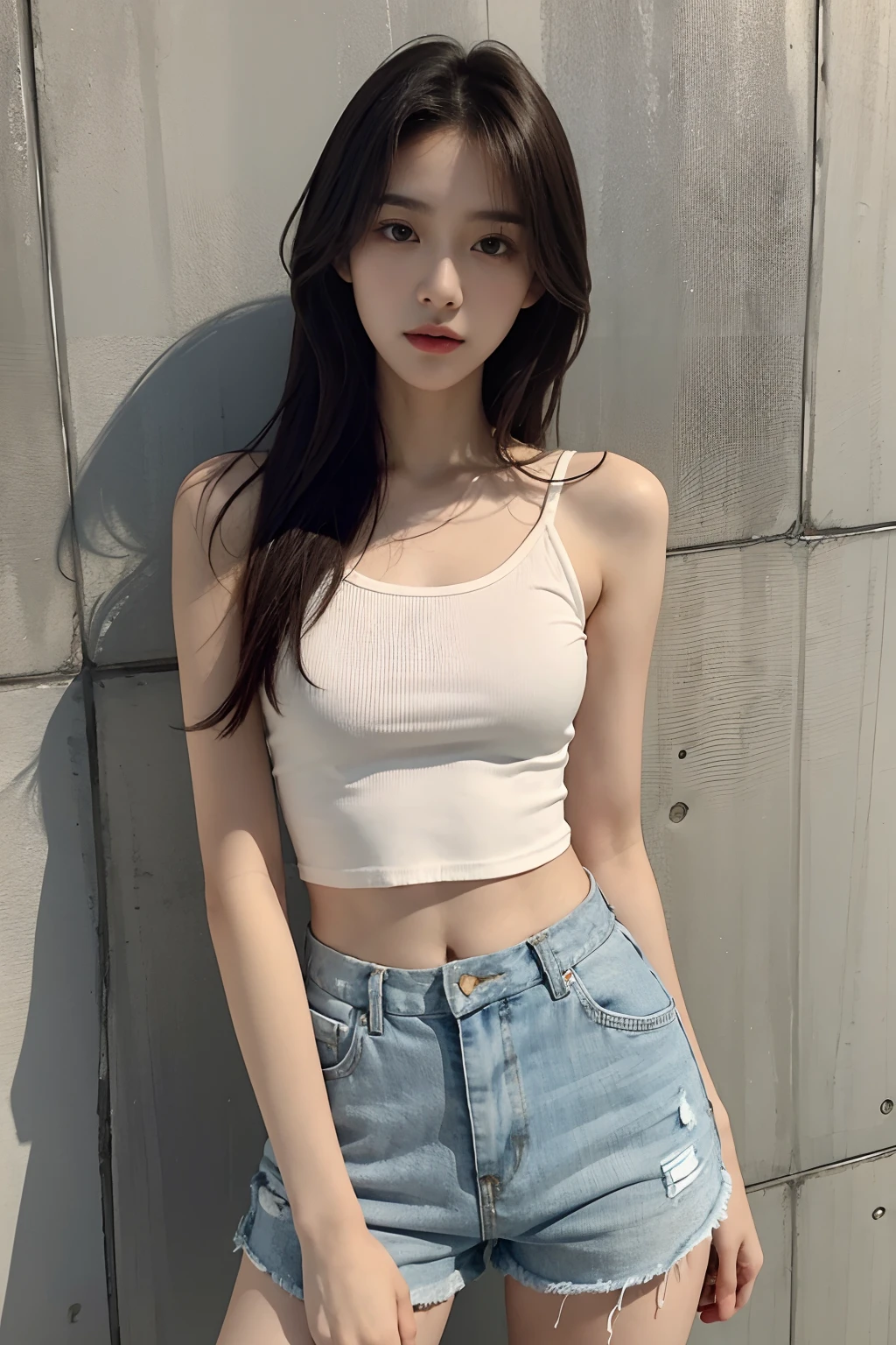 paparazzi shot of SCANTILY CLAD Lisa  , Lisa face shape, wearing a tight white T-shirt, open waist, light blue pleated skirt, long legs, masterpiece, superlative, realistic, HD, photography lighting, 16k