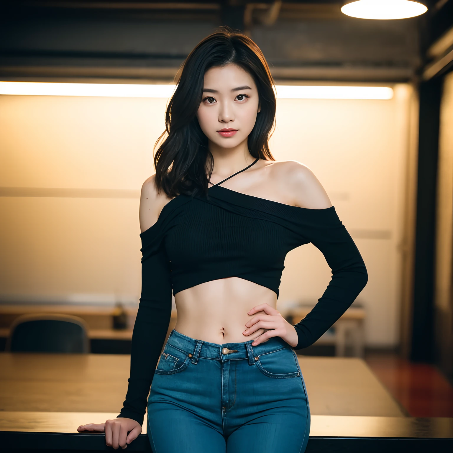 Full face portrait photo of 25 year old European girl, RAW, beautiful woman, semi-open strawberry lip, dimples, wistful expression, (brown hair with extra long wavy), ((detailed face)), ((detailed facial features)), (fine detailed skin), pale skin, (off-the-shoulder crop top dress), cyberpunk megacity environment, ( Cool colors), wet, damp, reflective, (masterpiece) (perfect proportions) (realistic photos) (highest quality) (detail) shot with Canon EOS R5, 50mm lens, f/2.8, HDR, (8k) (wallpaper) (cinematic lighting) (dramatic lighting) (sharp focus) (complex), RAW photos, RAW photos, gigachad photos, camera poses, black jeans, Back Arm, 8K UHD, DSLR, High Quality, Grain Film, Fujifilm XT3, Film Stock Photo 4 Kodak Portra 400 Camera F1.6 Lens Rich colors Ultra-realistic textures Dramatic lighting Unreal Engine Art Station Trends Cinestill 800 tungsten, toughboy style, ultra focus face, short messy hair, Muscles, bursting veins, beads