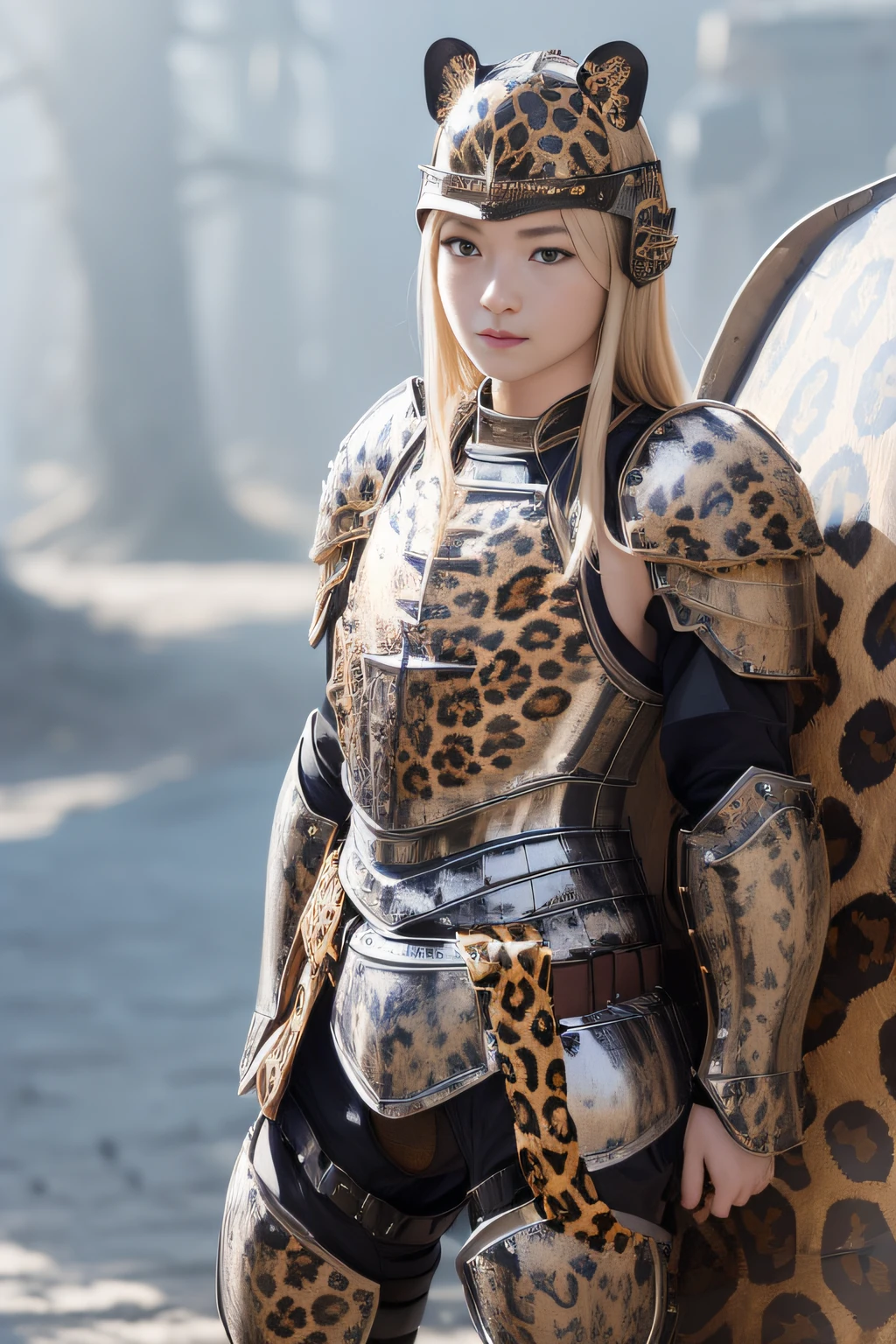 best qualtiy、masutepiece、超A high resolution、(Photorealistic:1.4)、infp young woman、modeled、long legged、small head、a small face、blonde  hair、(Decorated night helmet covering the ears:1.2)、(Richly decorated leopard-print full-body armor:1.5) 、Tight waist armor、(Falls Armor:1.9)、(Crotch Protector:1.4)、Leg armor、Appearance without makeup、smil、(the perfect body:1.7)、Sword and shield background、By Michelangelo
