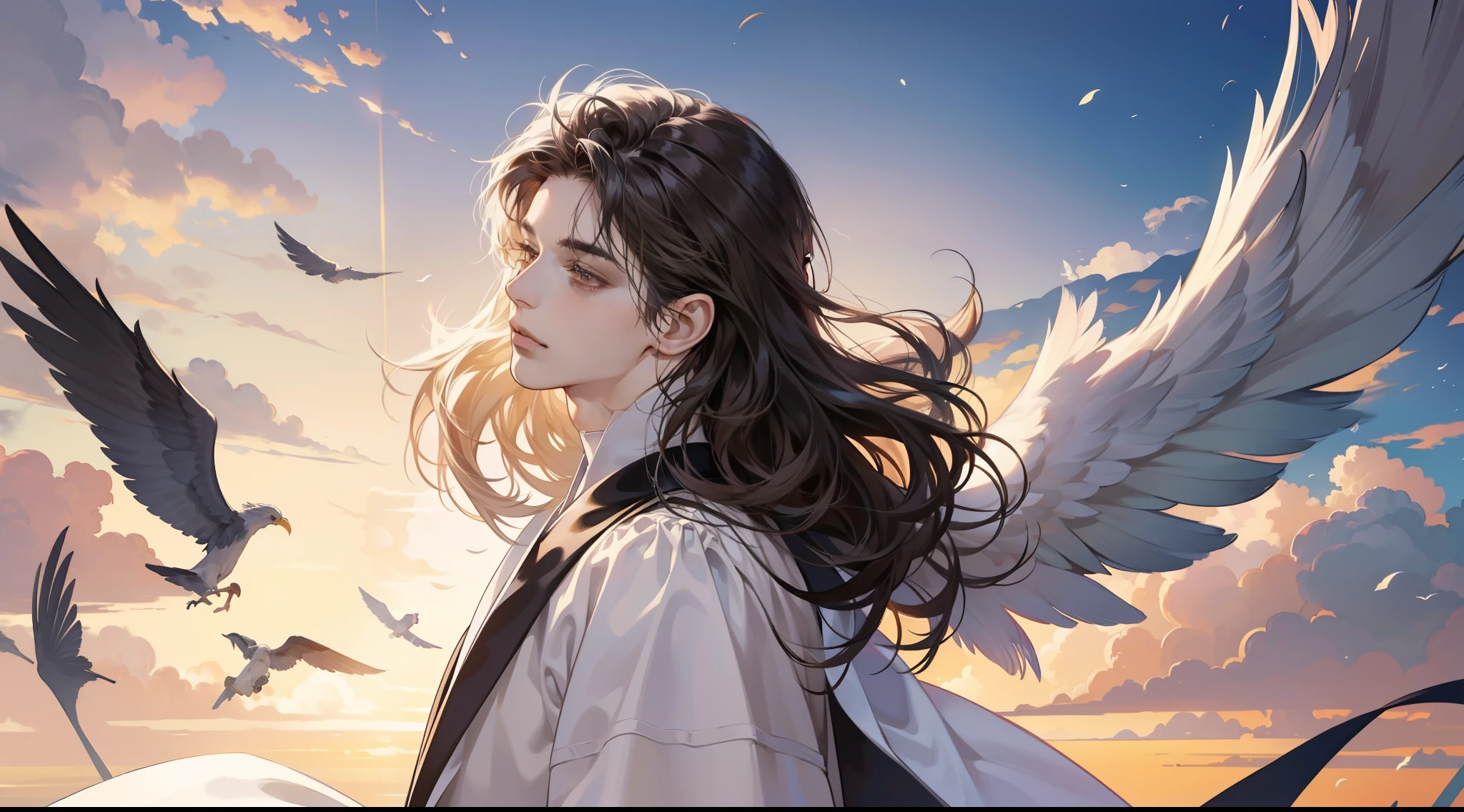 mature boy, brilliant Sun light, 4k, masterpiece, high quality, 8k, high quality details, soft dull lighting, floating particles, heaven background, paradise, white pale skin, wavy dark hair, flying bangs, side view, heaven style, clouds, realistic, flowing hair, white robe , soft red eyes, expressionless, 1male, androgynously, robed figure, 6 wings, winged, siren, winged man, looking at viewer, cowboy shot, tall muscular guy, priest, big feathered wings, fabric strip, 8K wallpaper