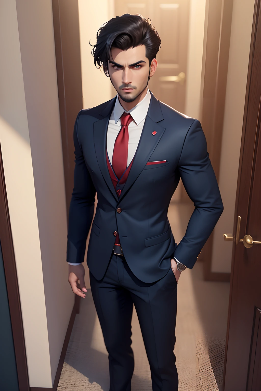 3d graphics, handsome arabic male executive with shirt, red tie and dark blue suit. black hair, blue eyes, 18 years old, pixar style, full body