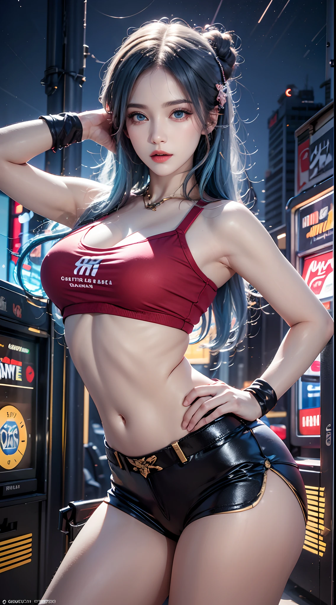 photography awards, masterpiece, blue hair, blue eyes, photorealistic, high resolution, soft light, red t-shirt, 1women, solo, hips up, Gamer girl, Game center, arcade, shining skin, dynamic pose, bright, Game center background, high background detail, dim light, night, pink headphone