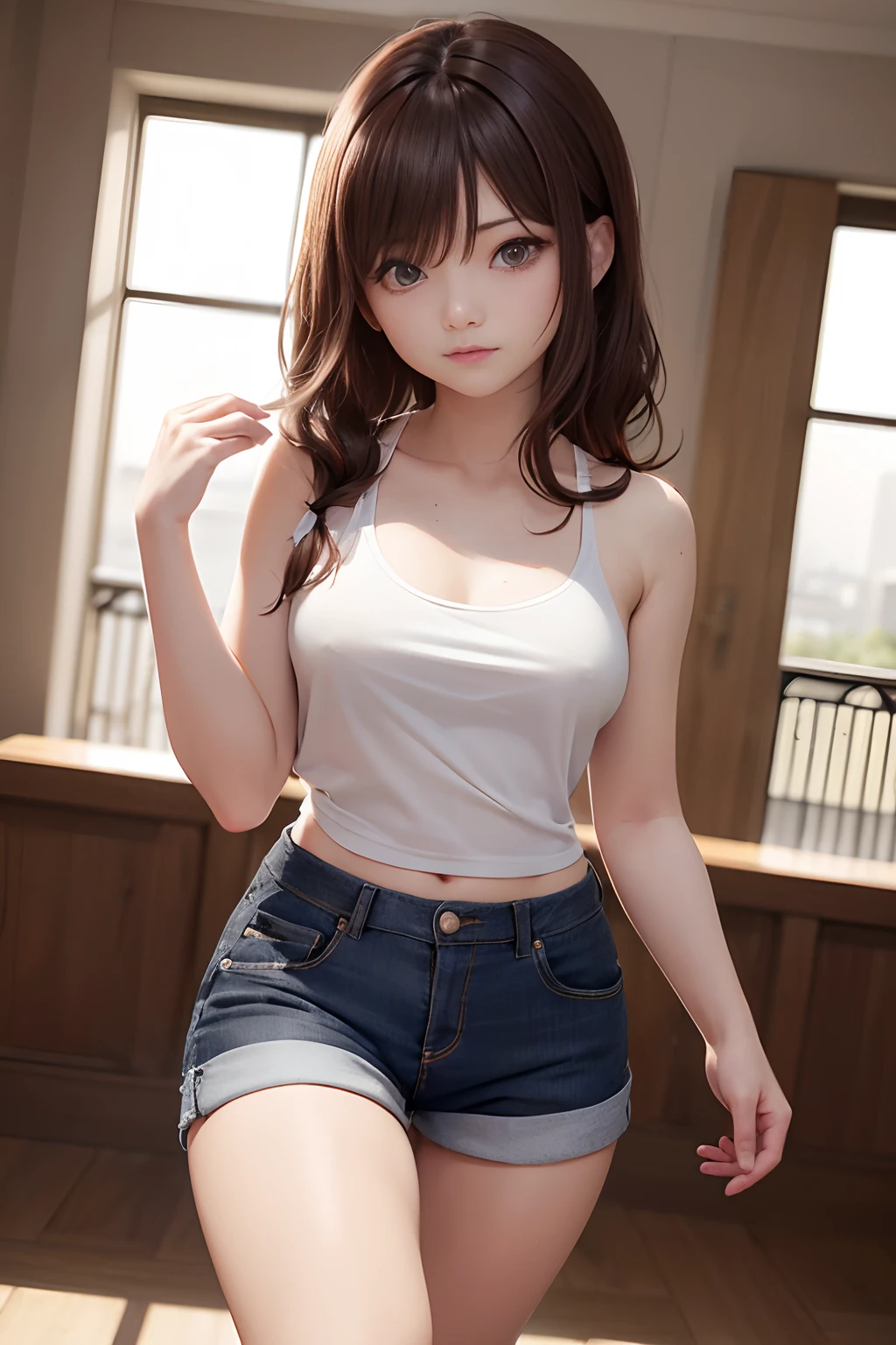 realisticlying、 1 人、sunlights、(the perfect body : 1.1)、(short wavy hair : 1.2)、reddish brown hair、FULL BODYSHOT、Colossal tits、crowdedstreets、Black tank top、((shortpants))、(Highly detailed CG 8k wallpaper)、(extremely delicate and beautiful)、(​masterpiece)、(top-quality:1.0)、(超A high resolution:1.0)、beautiful  lighting、realistic shadow、[hight resolution]、Detailed skin、ultra-detailliert