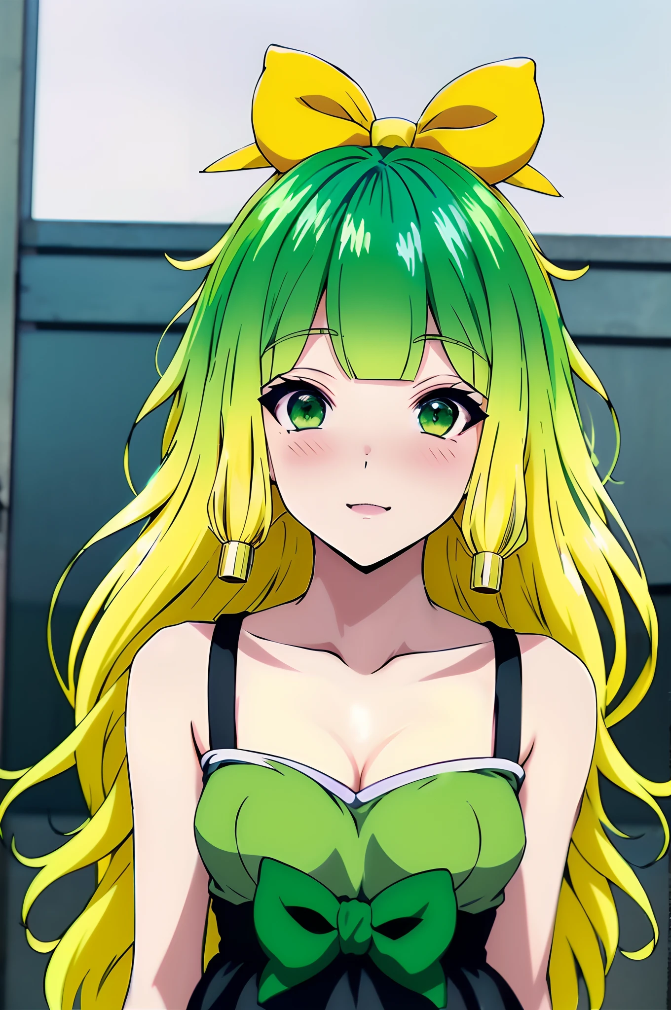 (banchan anime 1girl : 1.0), green eyes, (green hair_0.5), (yellow hair_0.9), (ombre hair_0.4), (banchan hair bow_0.9)